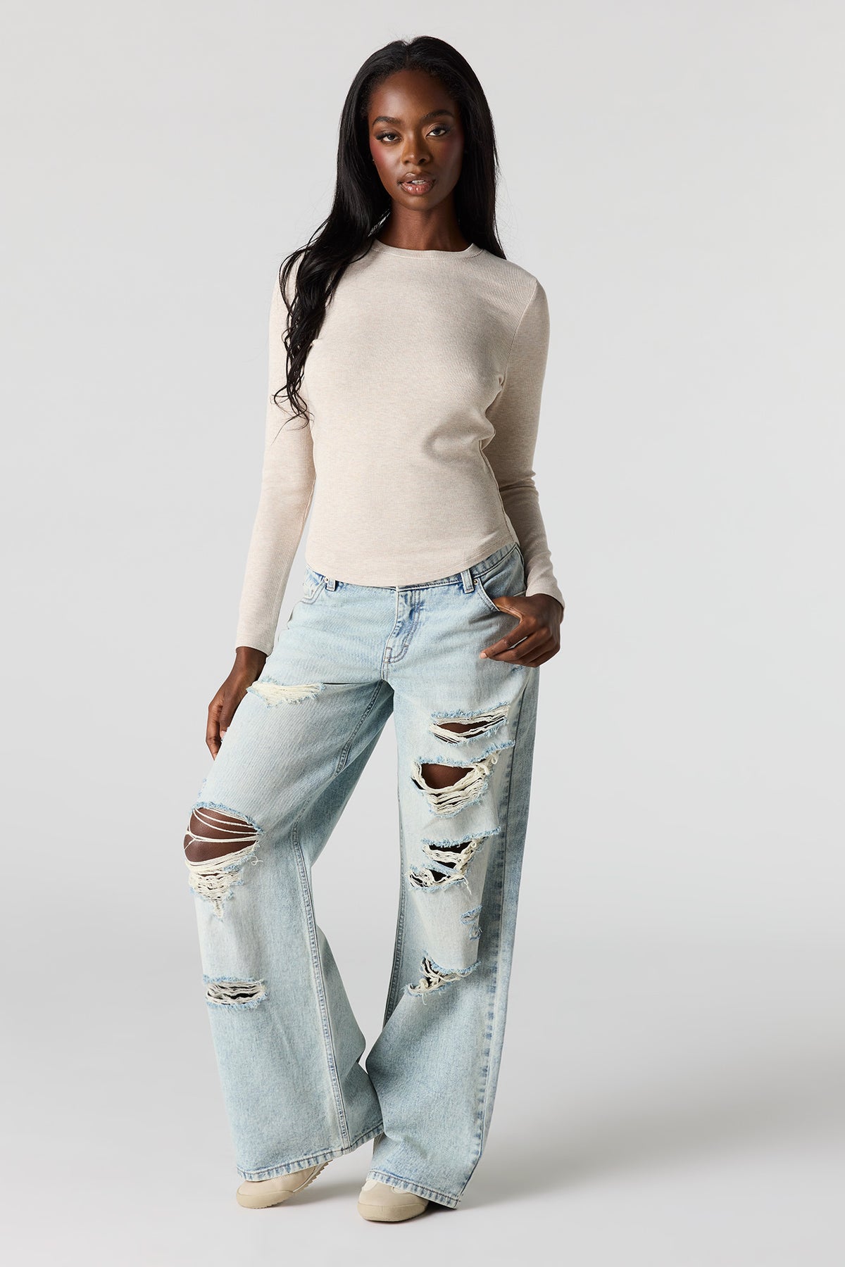 Alt View 3. Ribbed Long Sleeve Top - Oatmeal