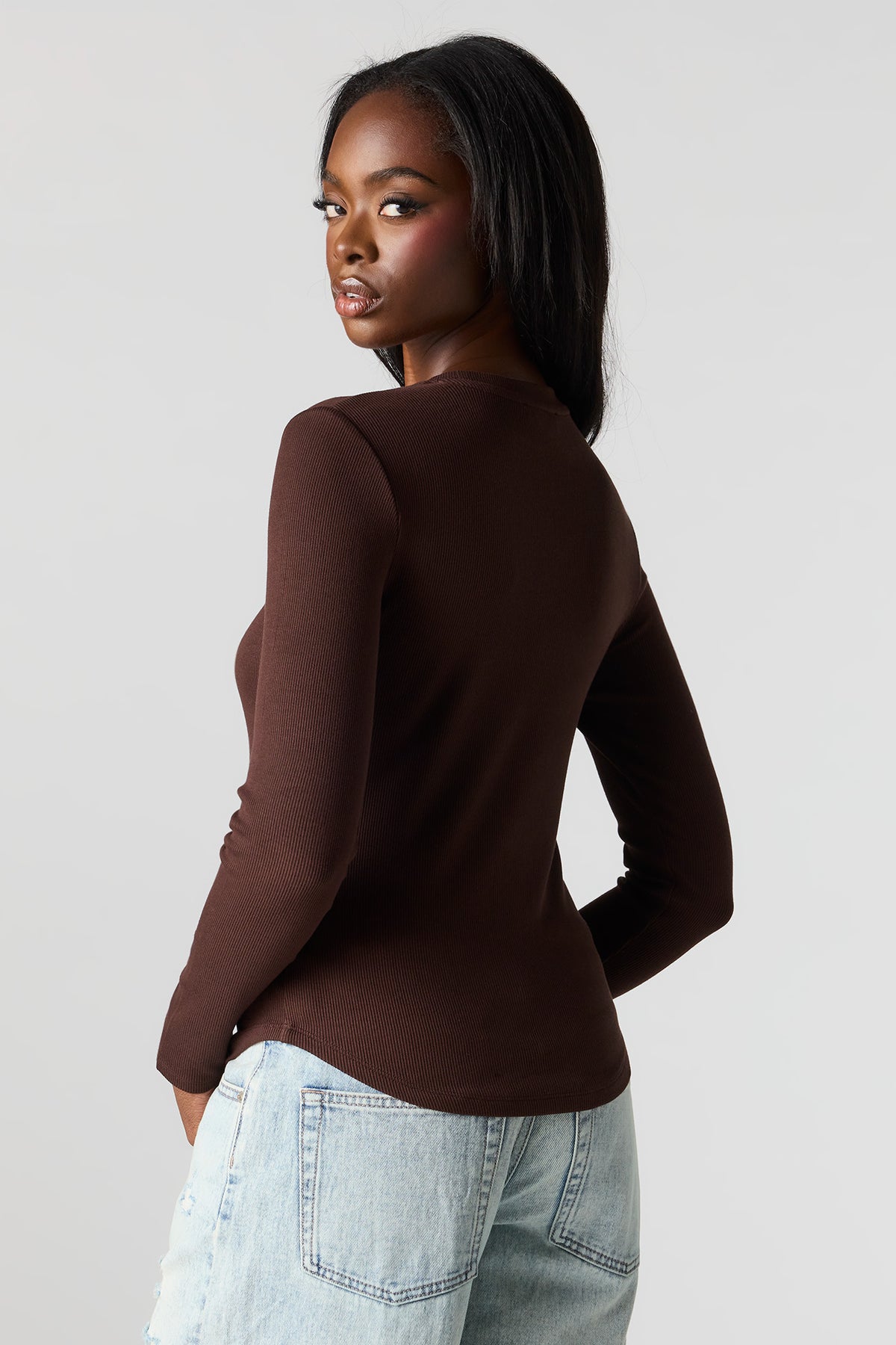 Alt View 2. Ribbed Long Sleeve Top - Brown
