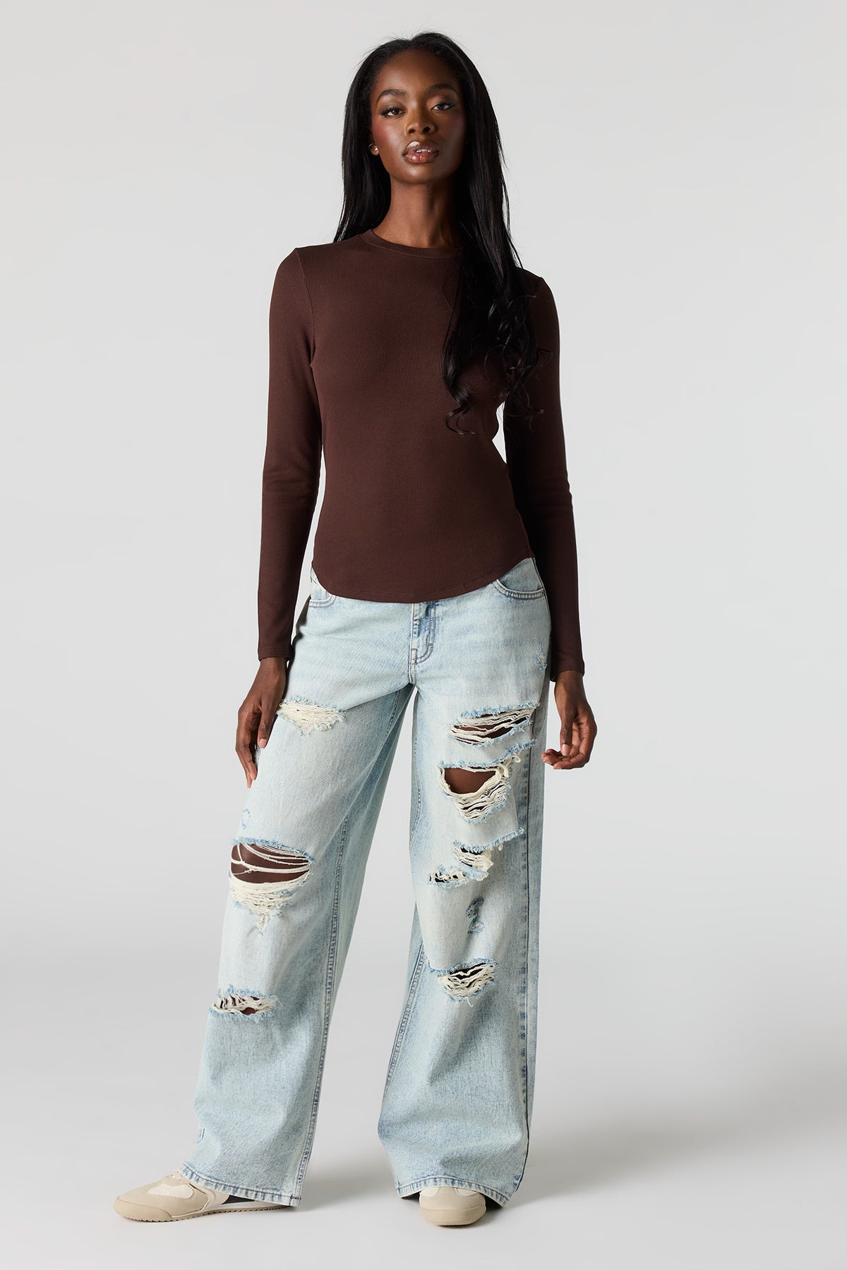 Alt View 3. Ribbed Long Sleeve Top - Brown