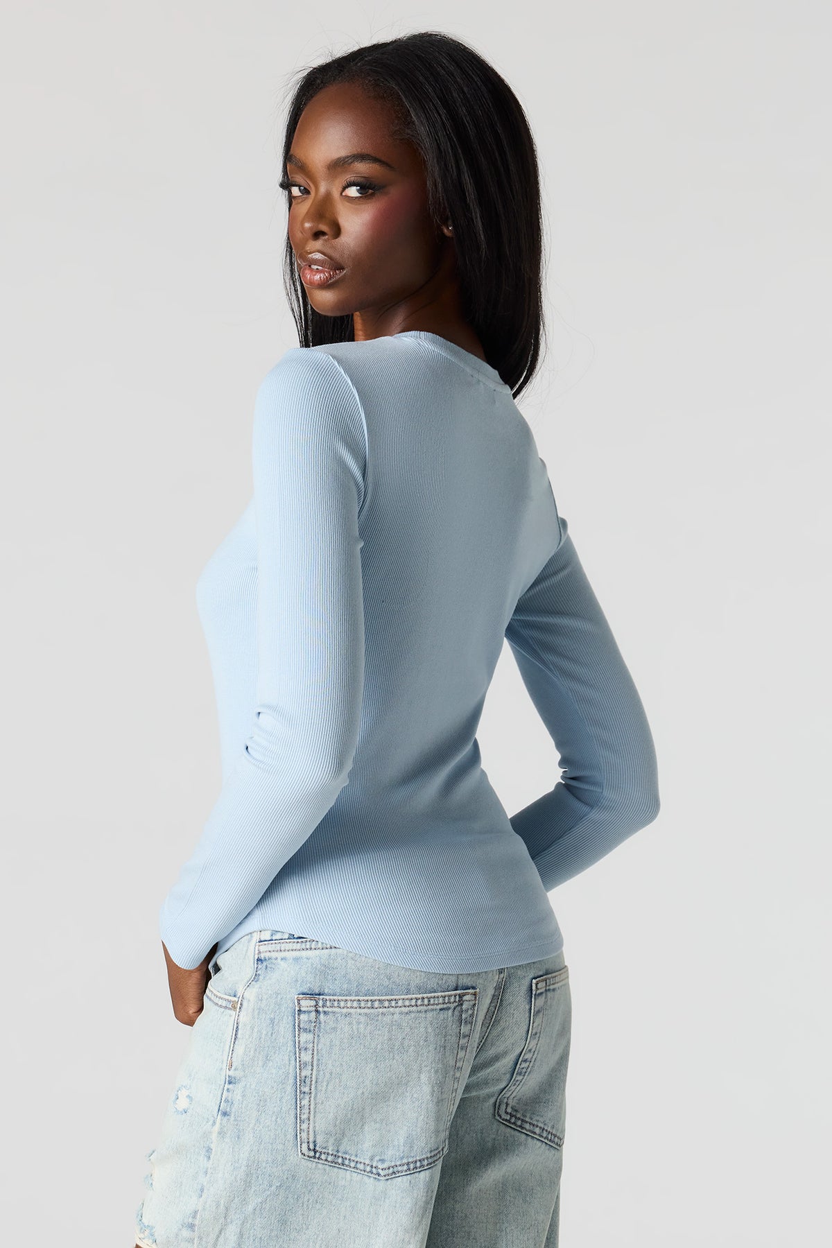 Alt View 2. Ribbed Long Sleeve Top - Blue