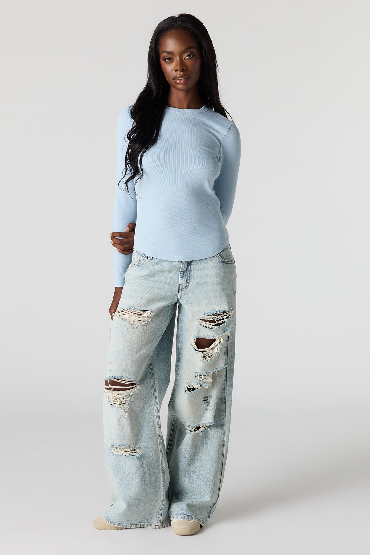 Alt View 3. Ribbed Long Sleeve Top - Blue