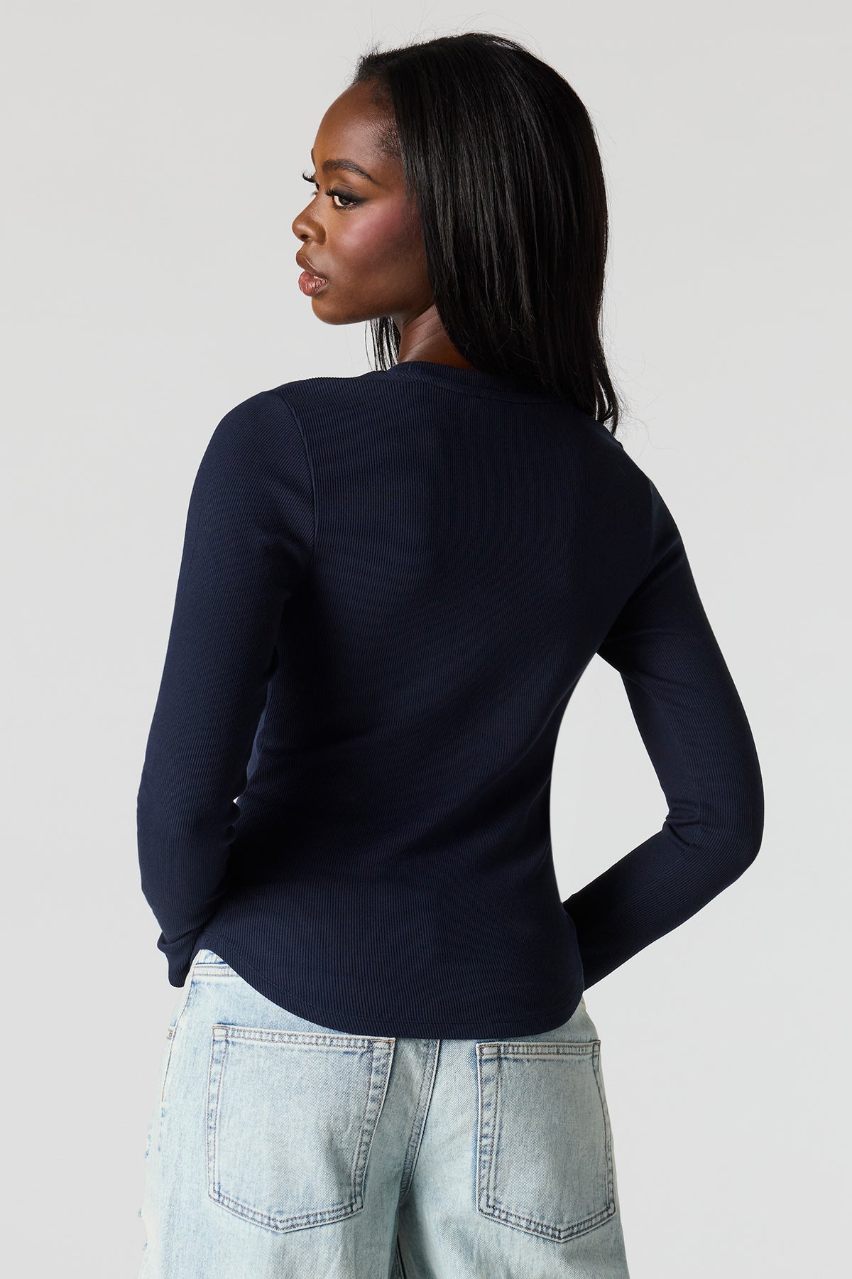 Alt View 2. Ribbed Long Sleeve Top - Navy