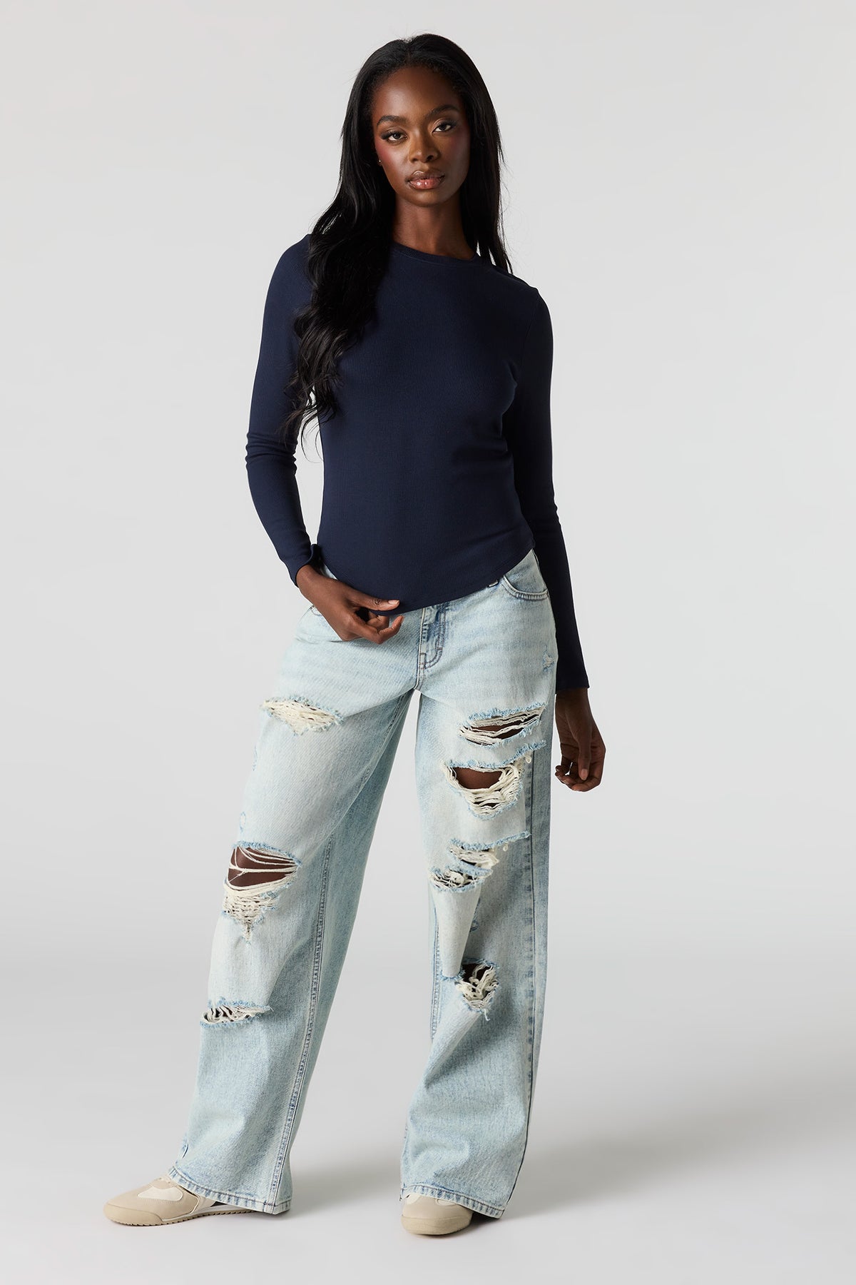 Alt View 3. Ribbed Long Sleeve Top - Navy