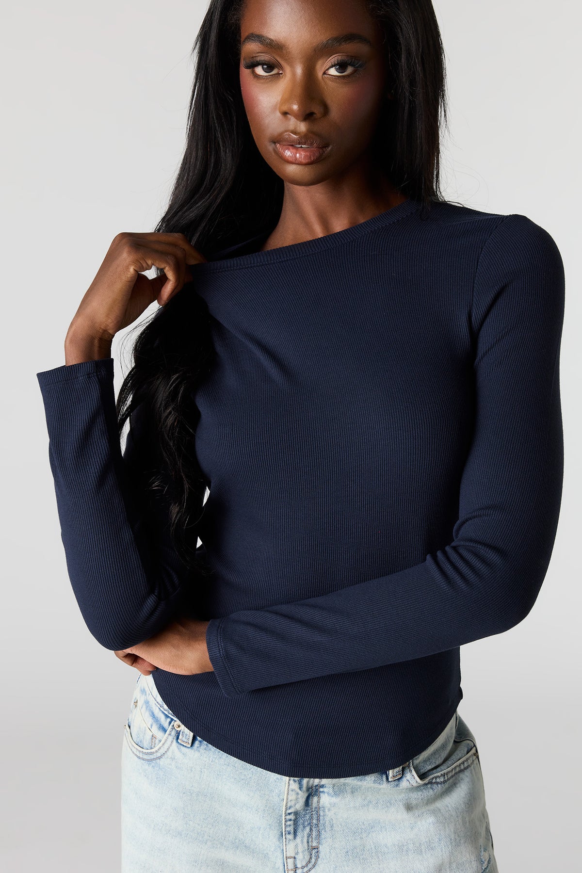 Alt View 4. Ribbed Long Sleeve Top - Navy