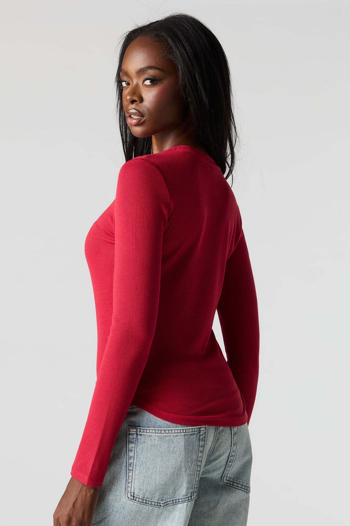 Alt View 2. Ribbed Long Sleeve Top - Red