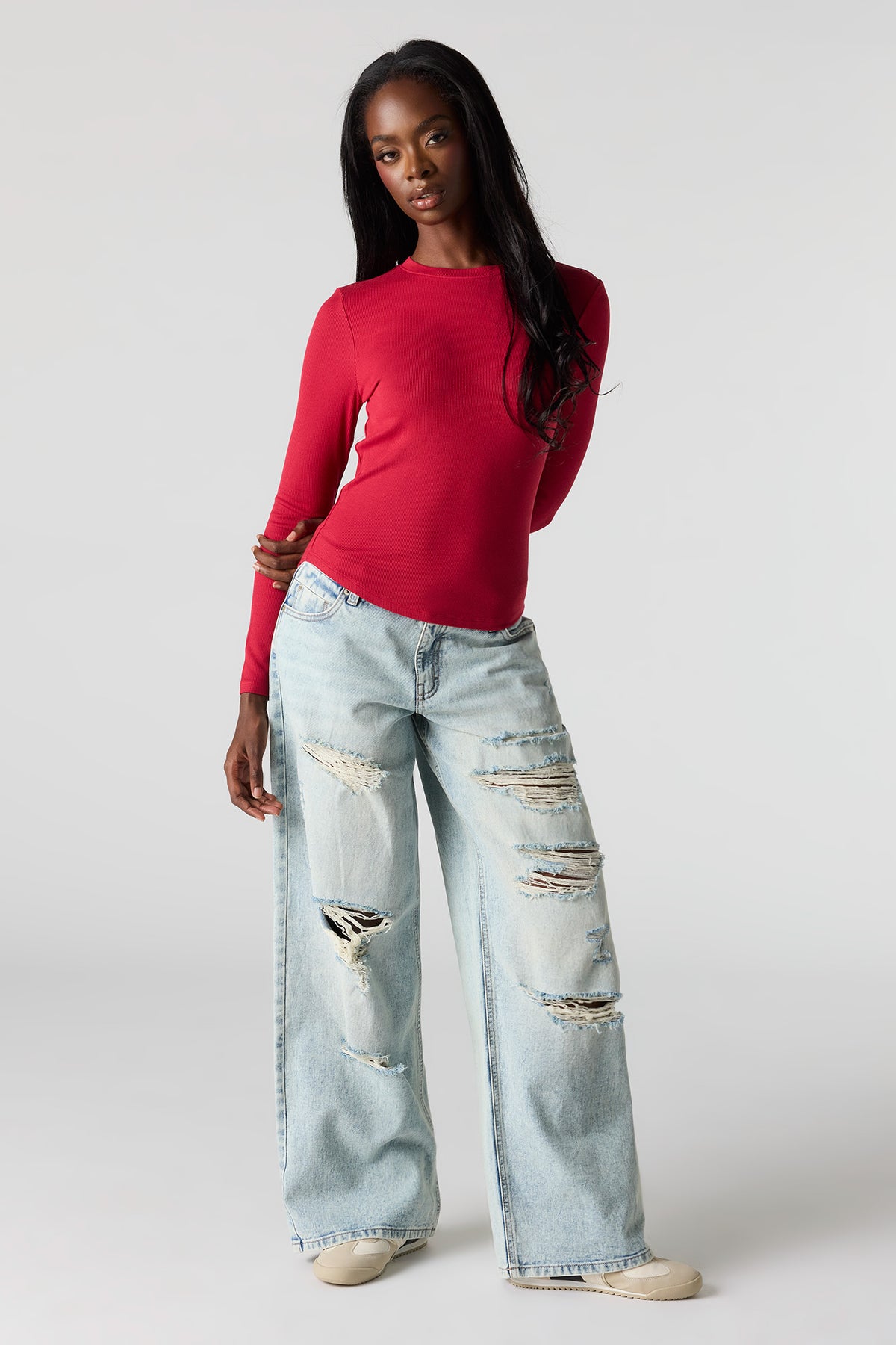 Alt View 3. Ribbed Long Sleeve Top - Red