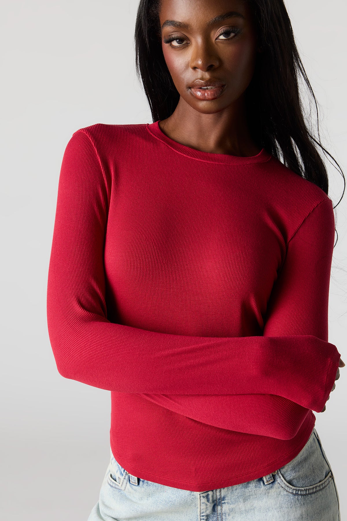 Alt View 4. Ribbed Long Sleeve Top - Red
