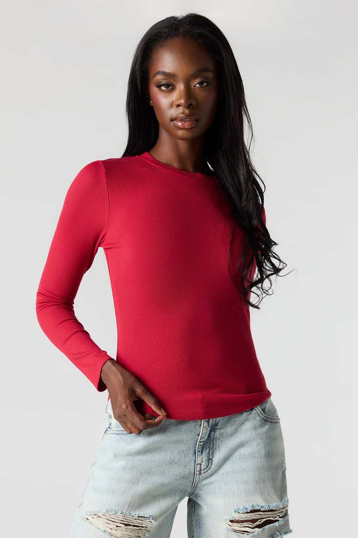 Ribbed Long Sleeve Top - Red
