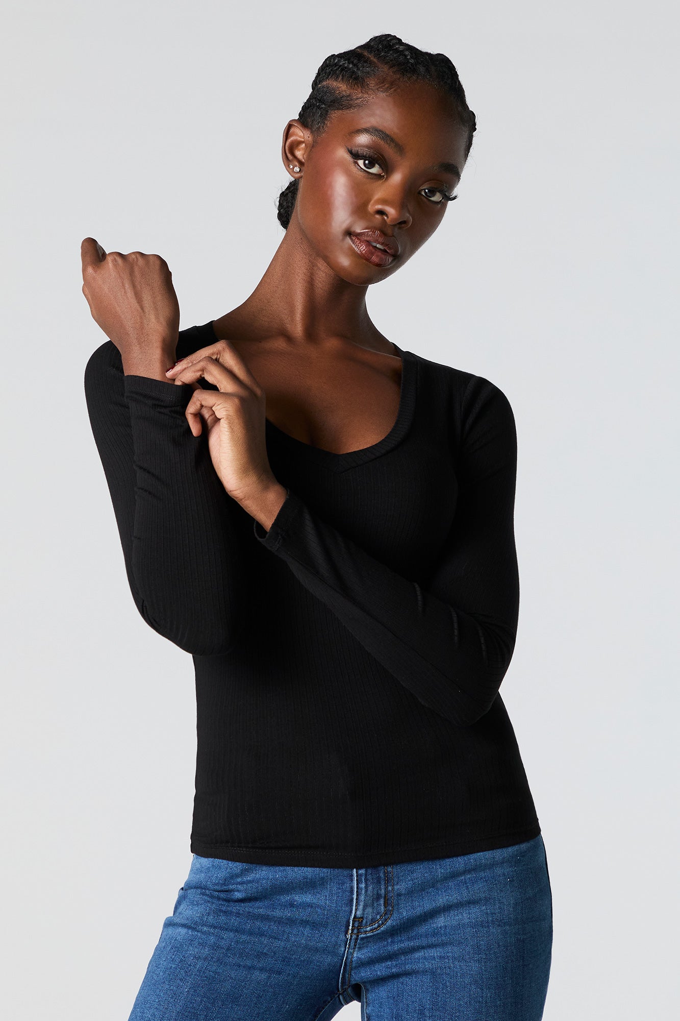 Ribbed V-Neck Long Sleeve Top