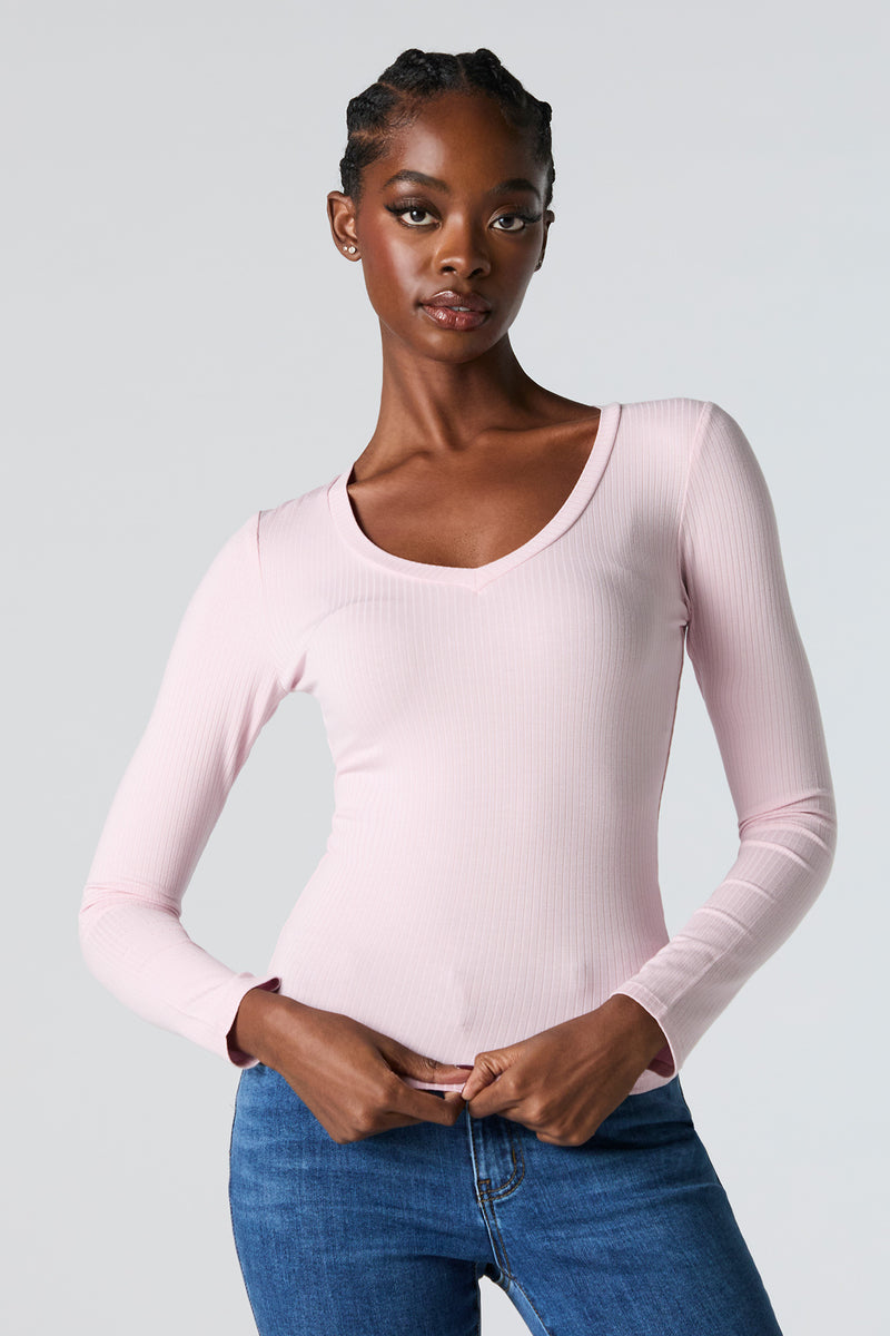 Ribbed V-Neck Long Sleeve Top