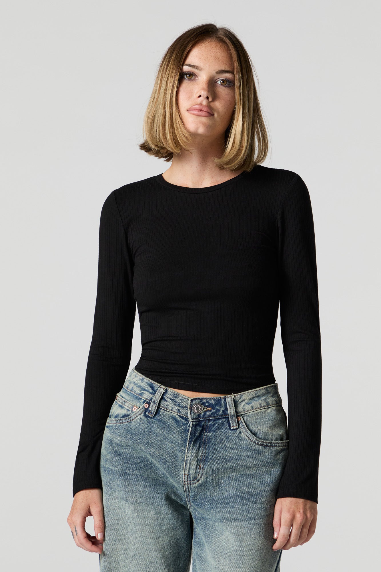 Ribbed Crewneck Long Sleeve Top