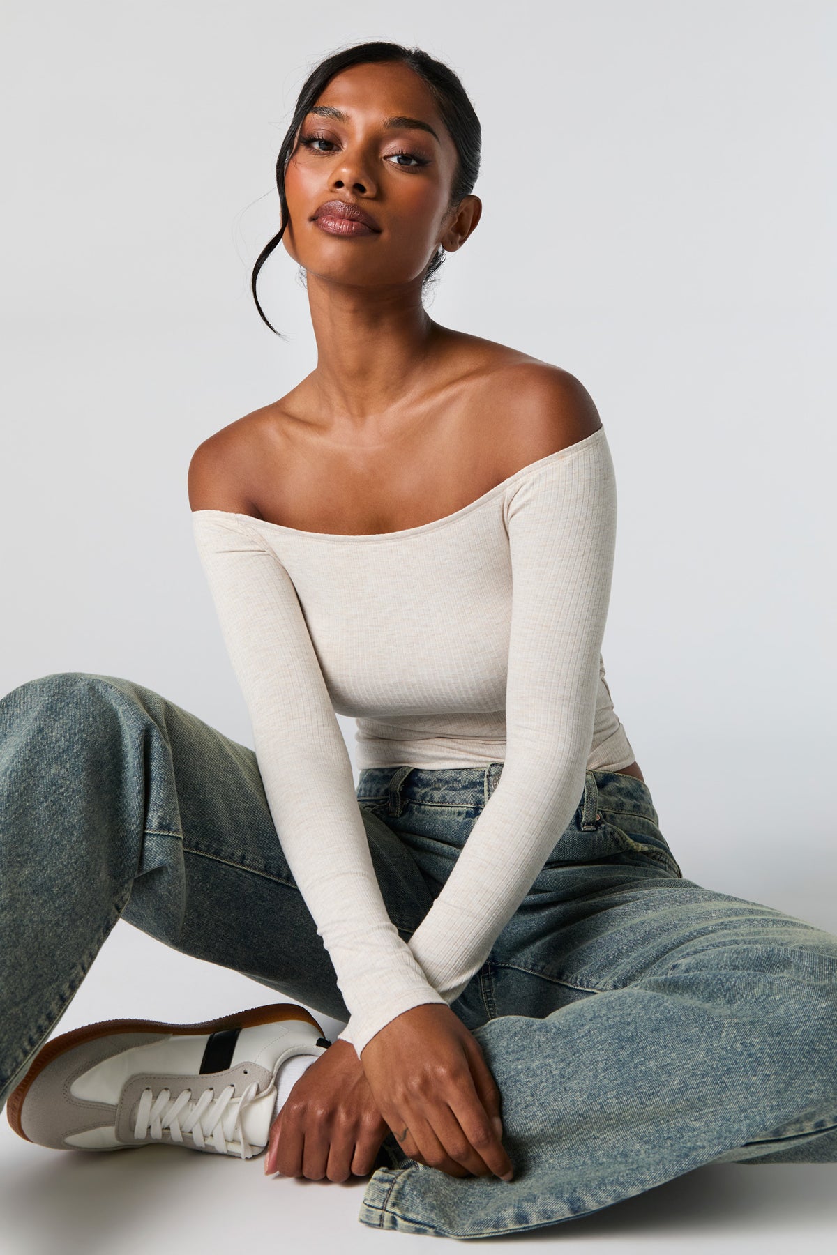 Ribbed Off Shoulder Long Sleeve Top