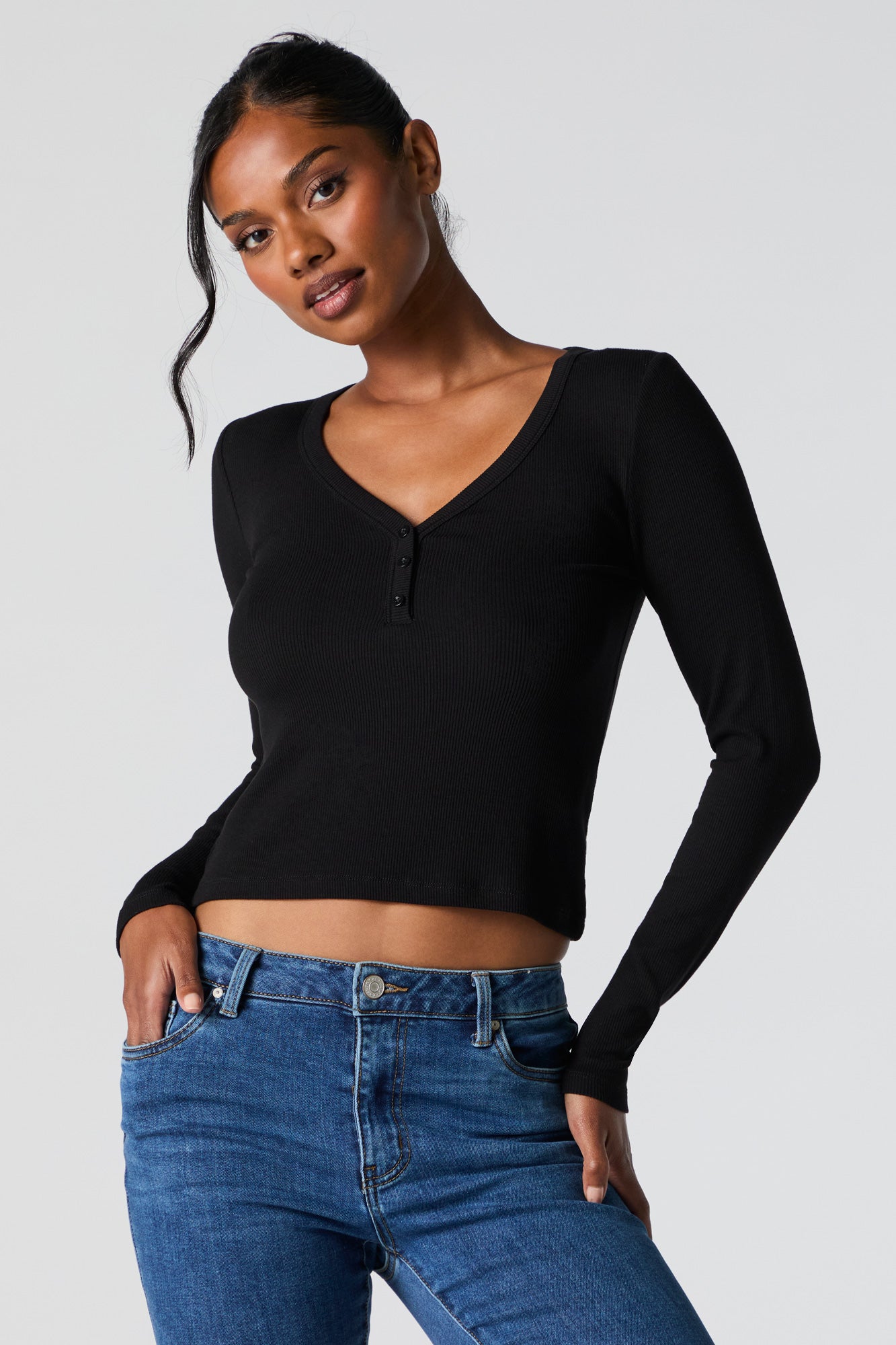 Ribbed Henley Long Sleeve Top