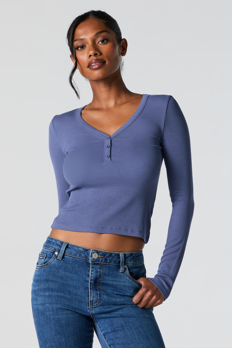 Ribbed Henley Long Sleeve Top