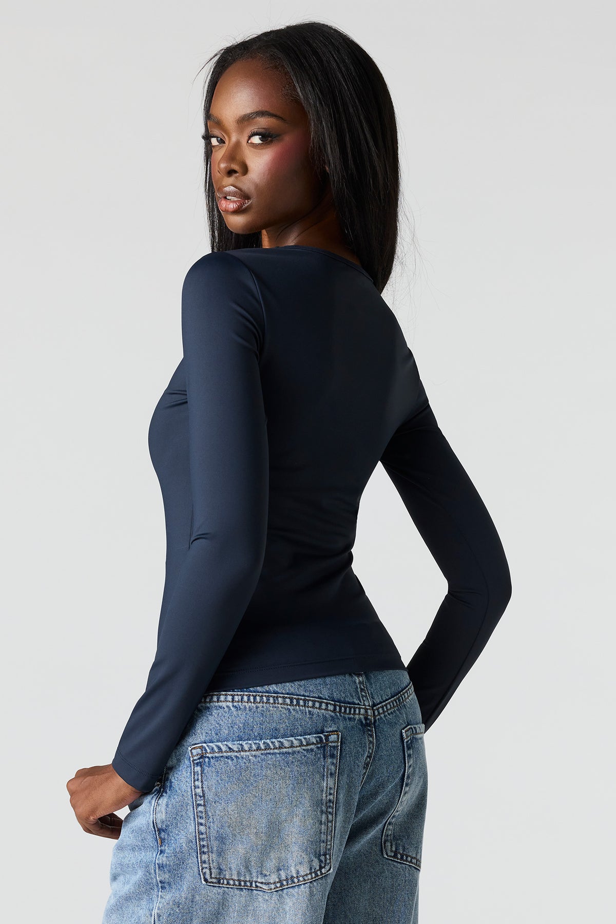 Alt View 2. Luxe Heavy Contour Long Sleeve Top - Navy