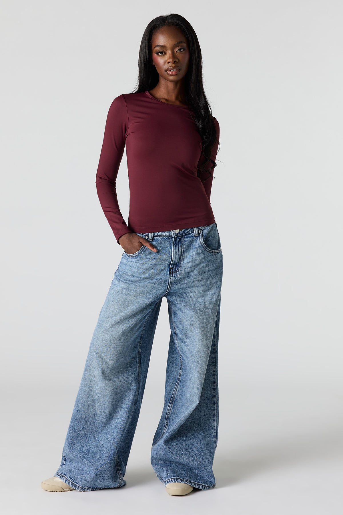 Alt View 3. Luxe Heavy Contour Long Sleeve Top - Burgundy