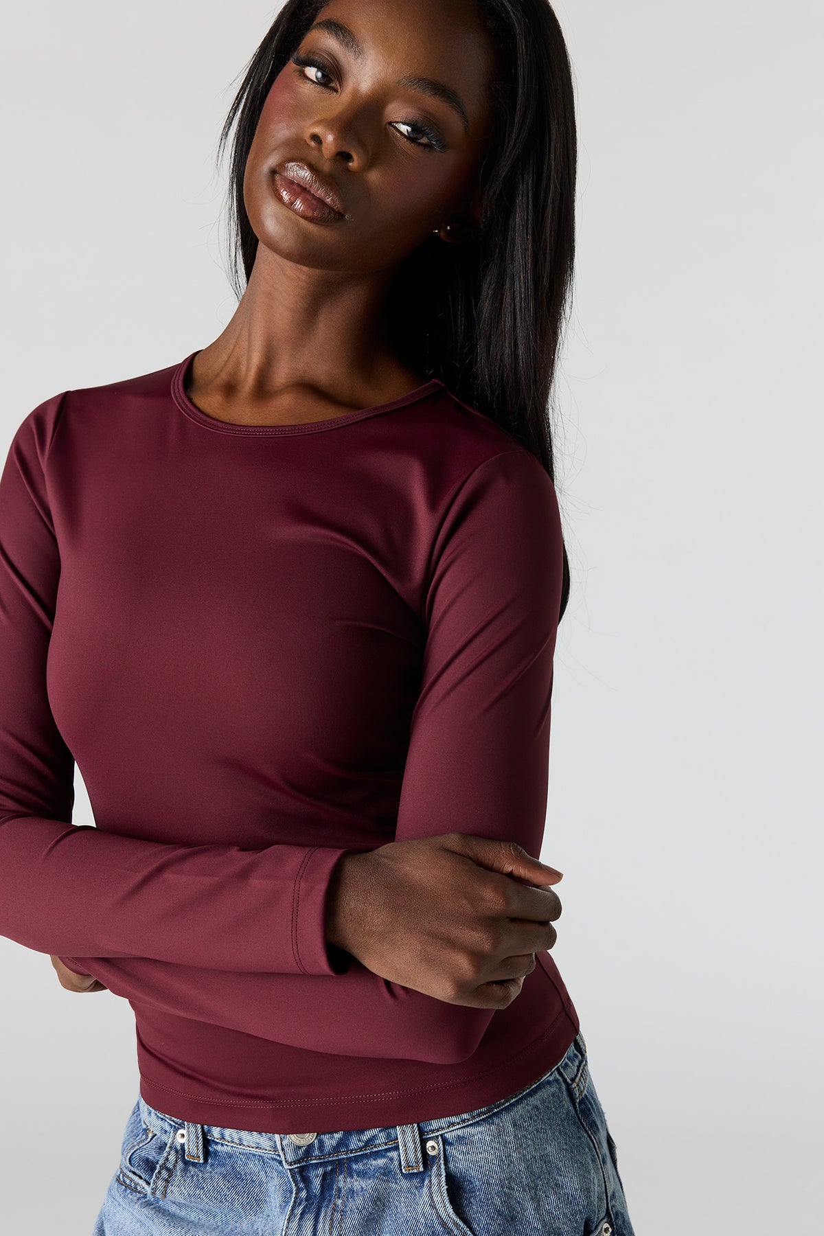 Alt View 4. Luxe Heavy Contour Long Sleeve Top - Burgundy
