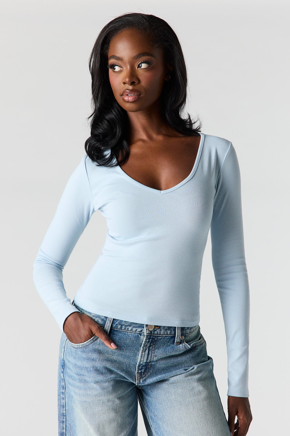 V-Neck Long Sleeve Top - Light Blue