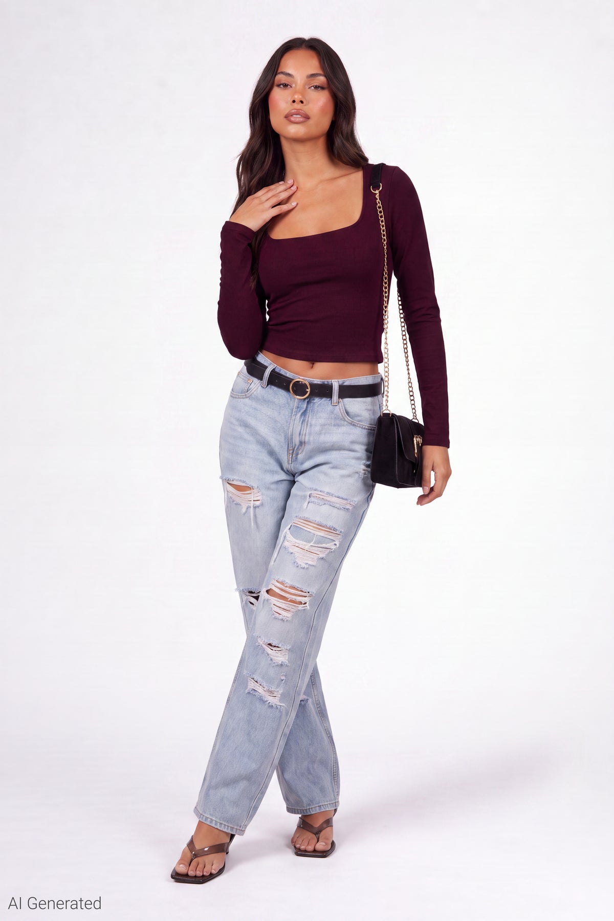 Alt View 2. Soft Contour Square Neck Long Sleeve Top - Burgundy