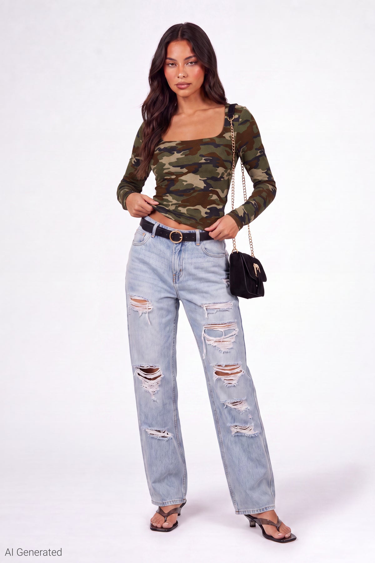 Alt View 2. Soft Contour Square Neck Long Sleeve Top - Camouflage