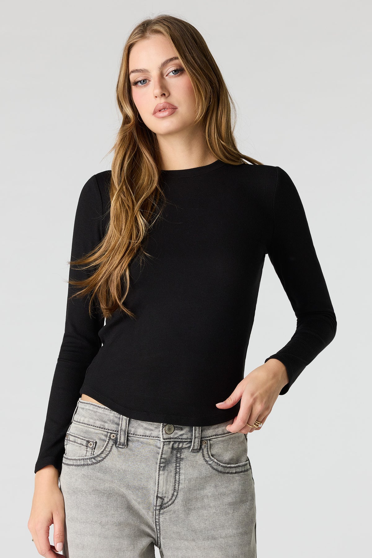 Ribbed Long Sleeve Top - Black