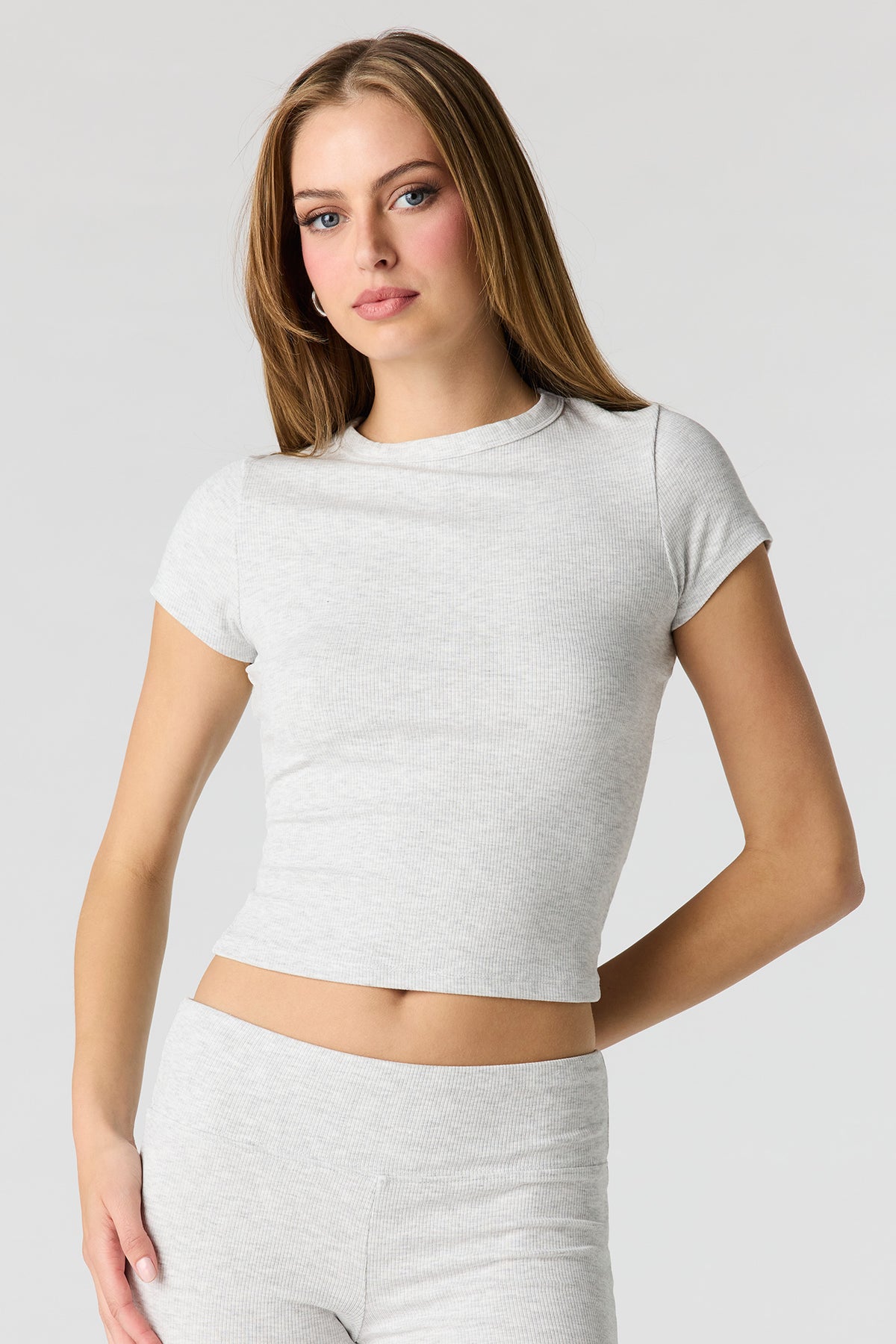 Alt View 2. Soft Ribbed T-Shirt & Flare Pant Set - Light Grey