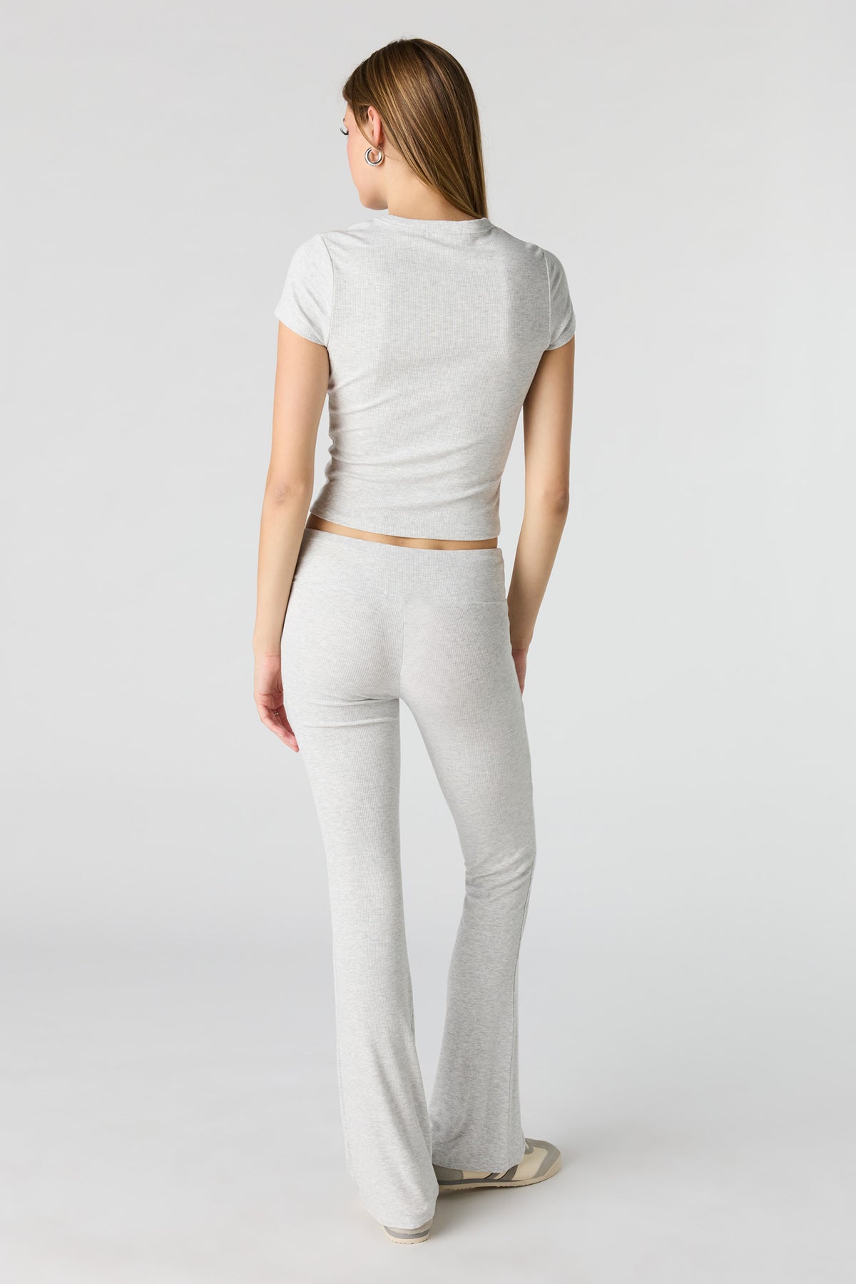 Alt View 4. Soft Ribbed T-Shirt & Flare Pant Set - Light Grey