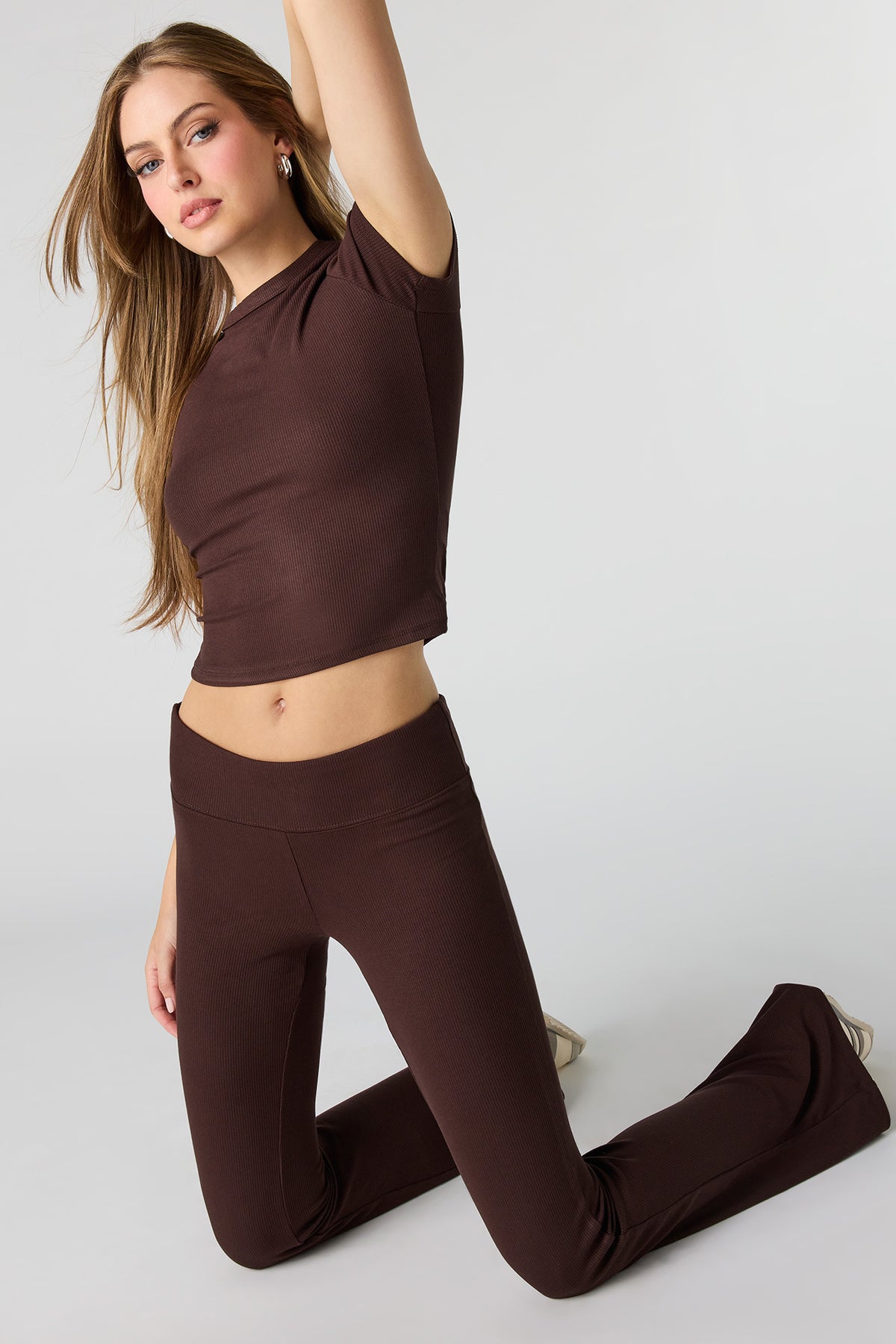 Soft Ribbed T-Shirt & Flare Pant Set - Brown