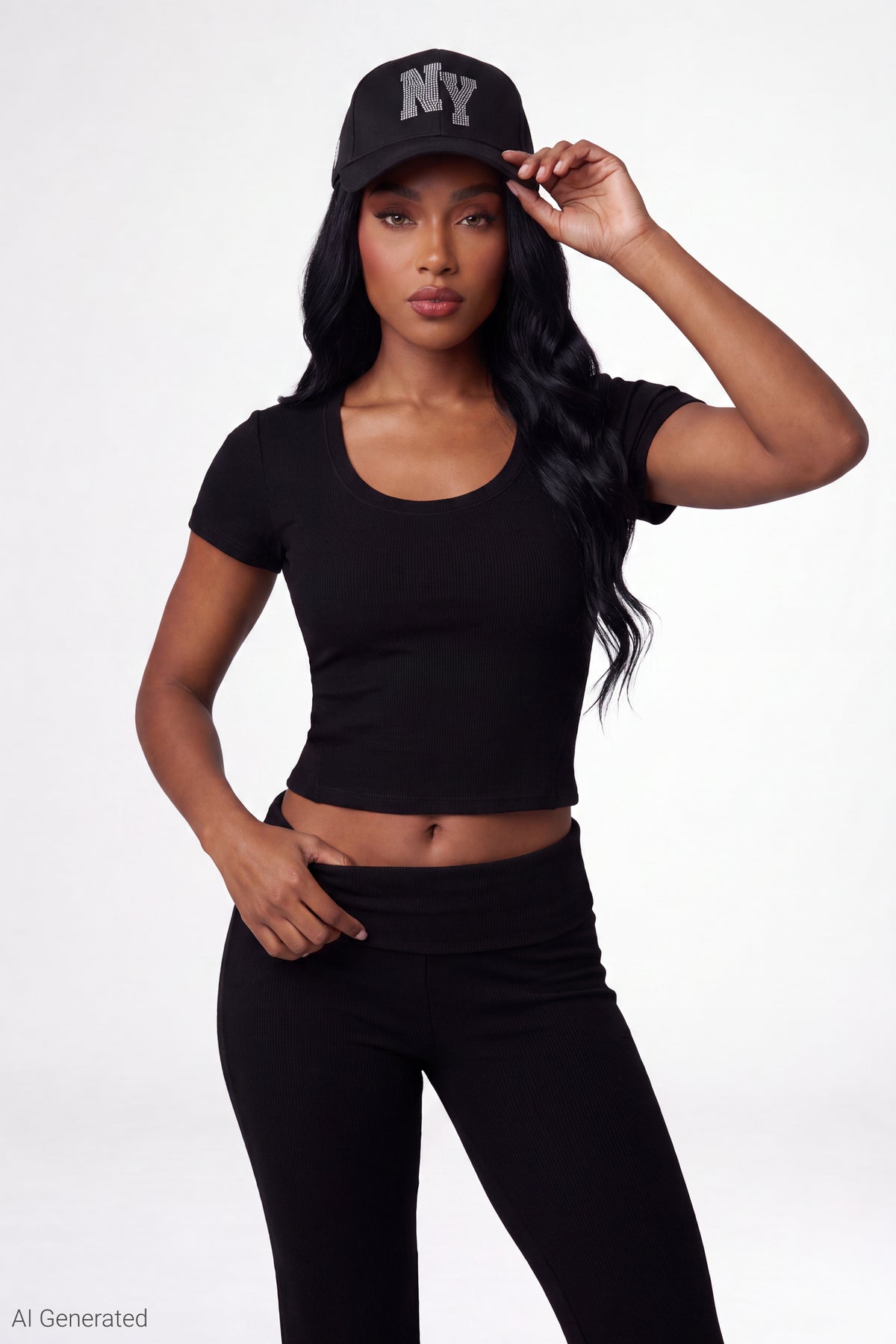 Alt View 3. Soft Ribbed T-Shirt & Flare Pant Set - Black