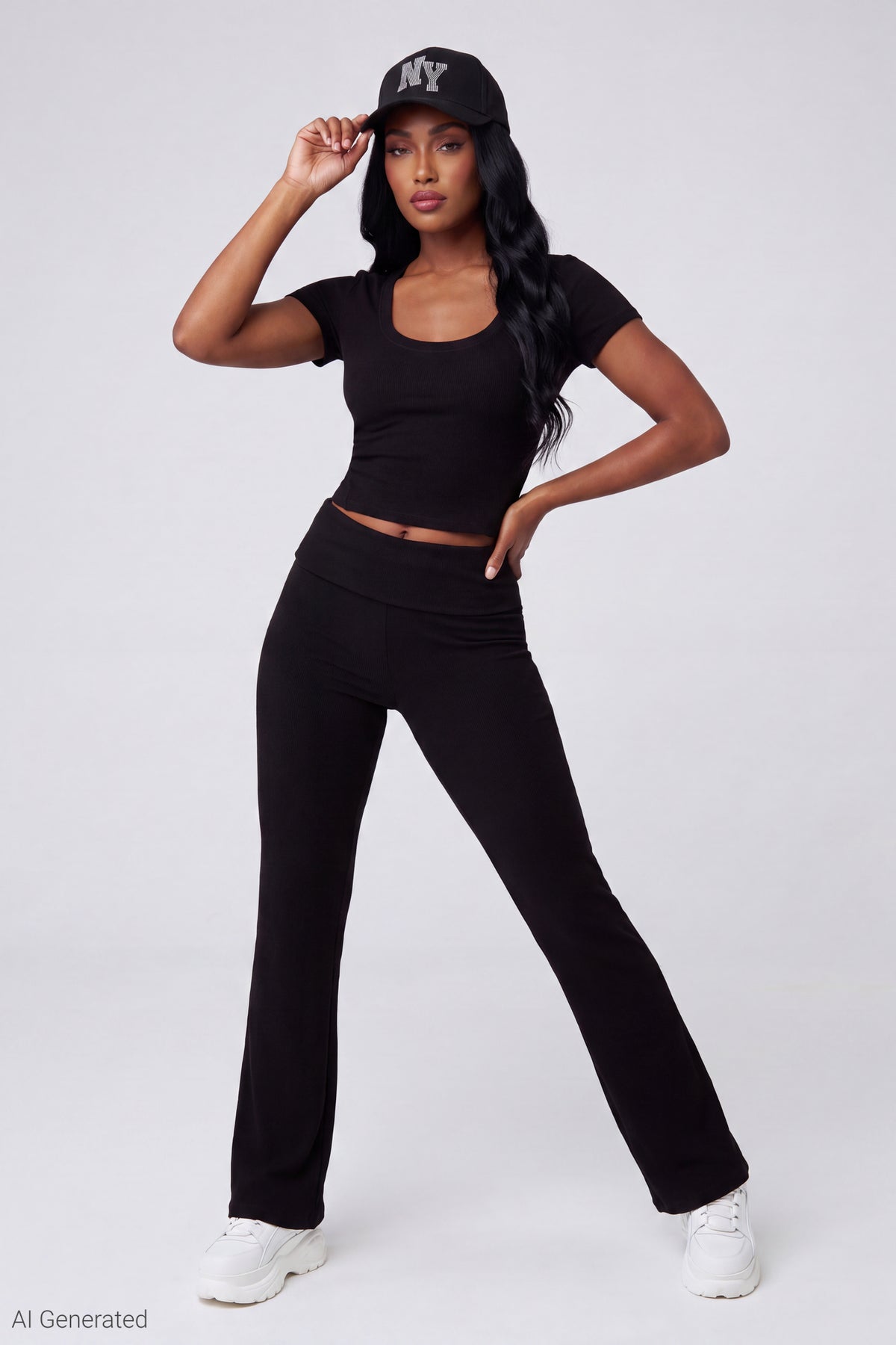 Soft Ribbed T-Shirt & Flare Pant Set - Black