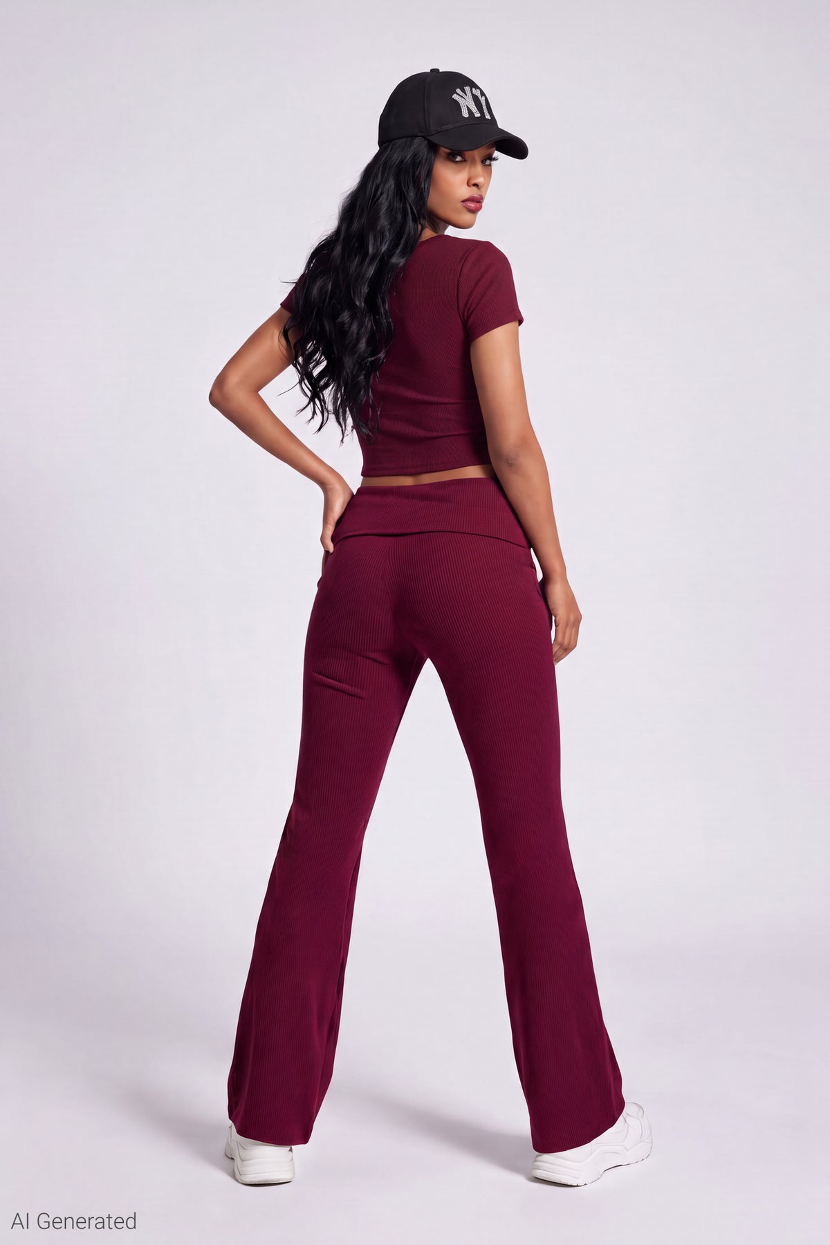 Alt View 2. Soft Ribbed T-Shirt & Flare Pant Set - Burgundy