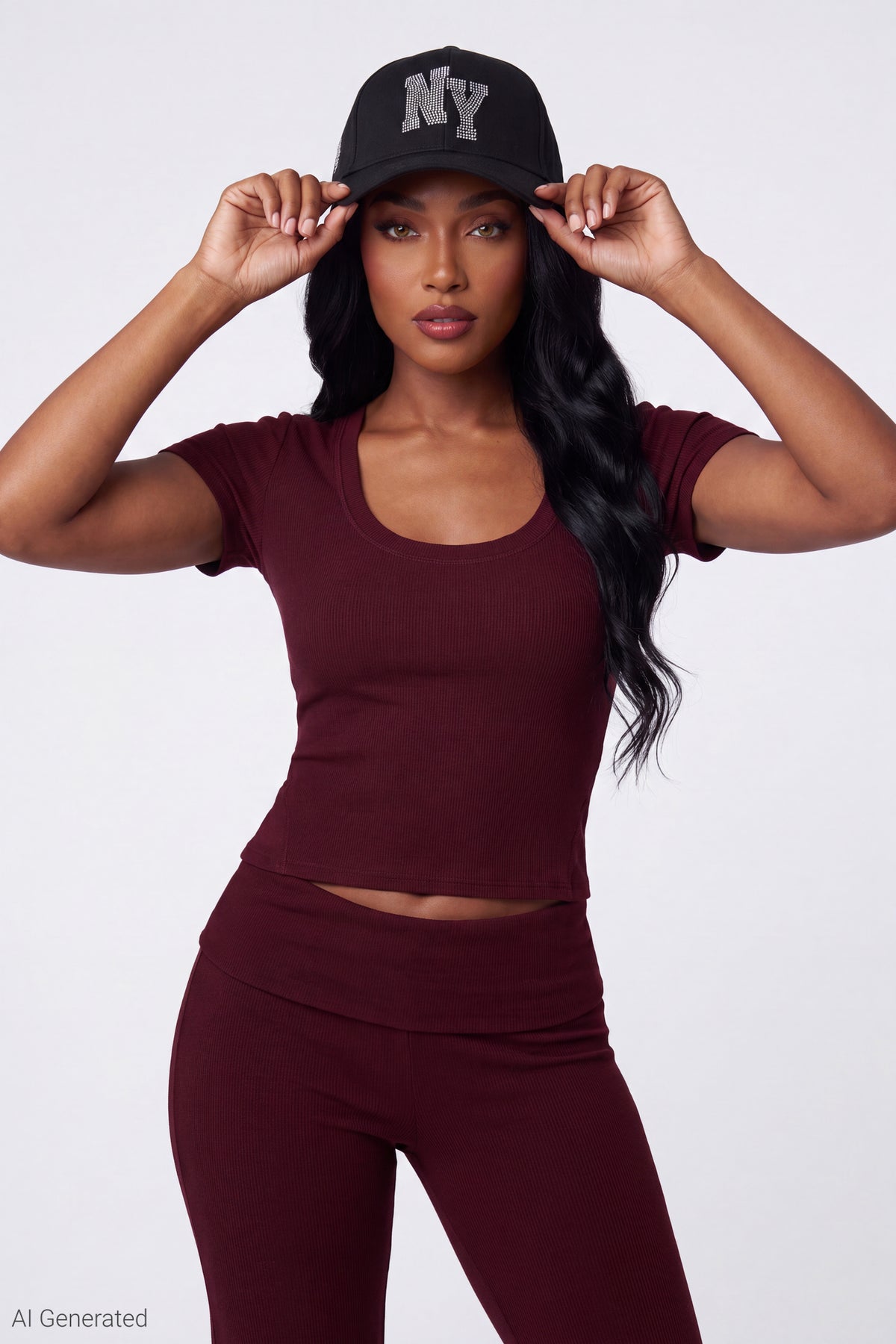 Alt View 3. Soft Ribbed T-Shirt & Flare Pant Set - Burgundy