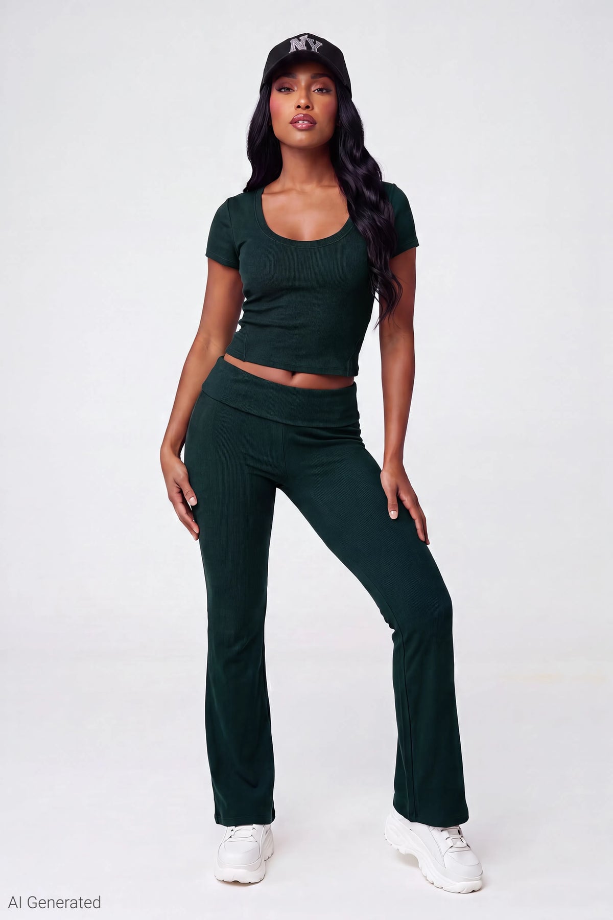 Soft Ribbed T-Shirt & Flare Pant Set - Teal