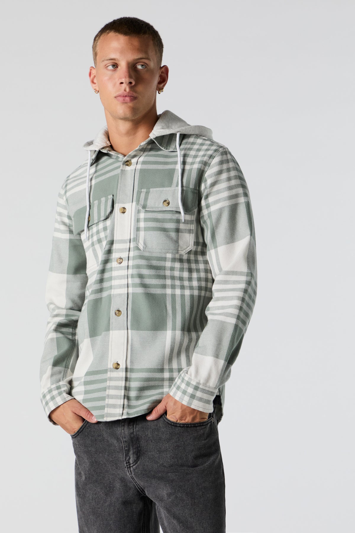 Plaid Hooded Flannel Long Sleeve Top