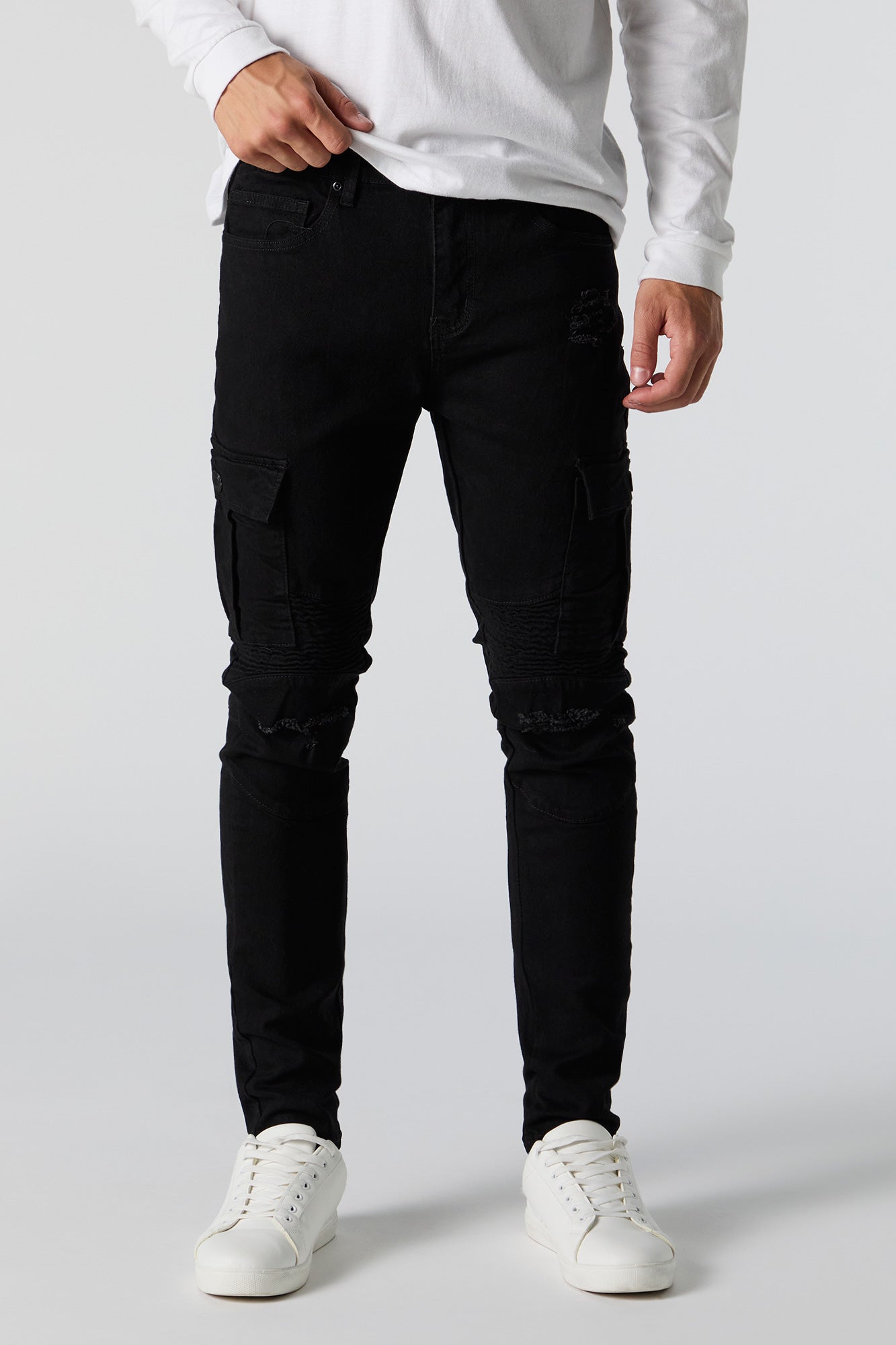 Distressed Skinny Moto Cargo Jean