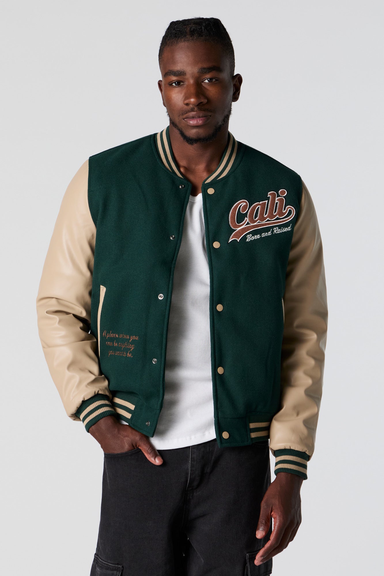 Faux-Leather Sleeve Embroidered Varsity Jacket