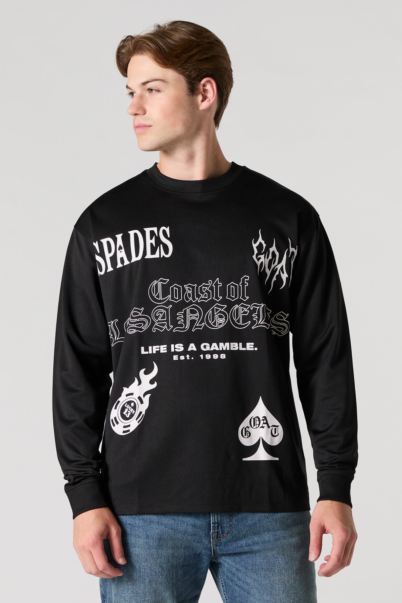 Life is a Gamble Graphic Mesh Long Sleeve Top