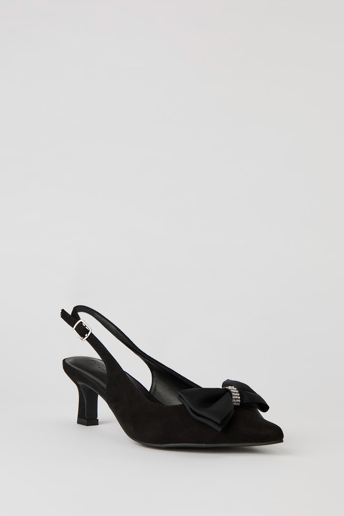 Rhinestone Bow Kitten Heeled Slingback - Black