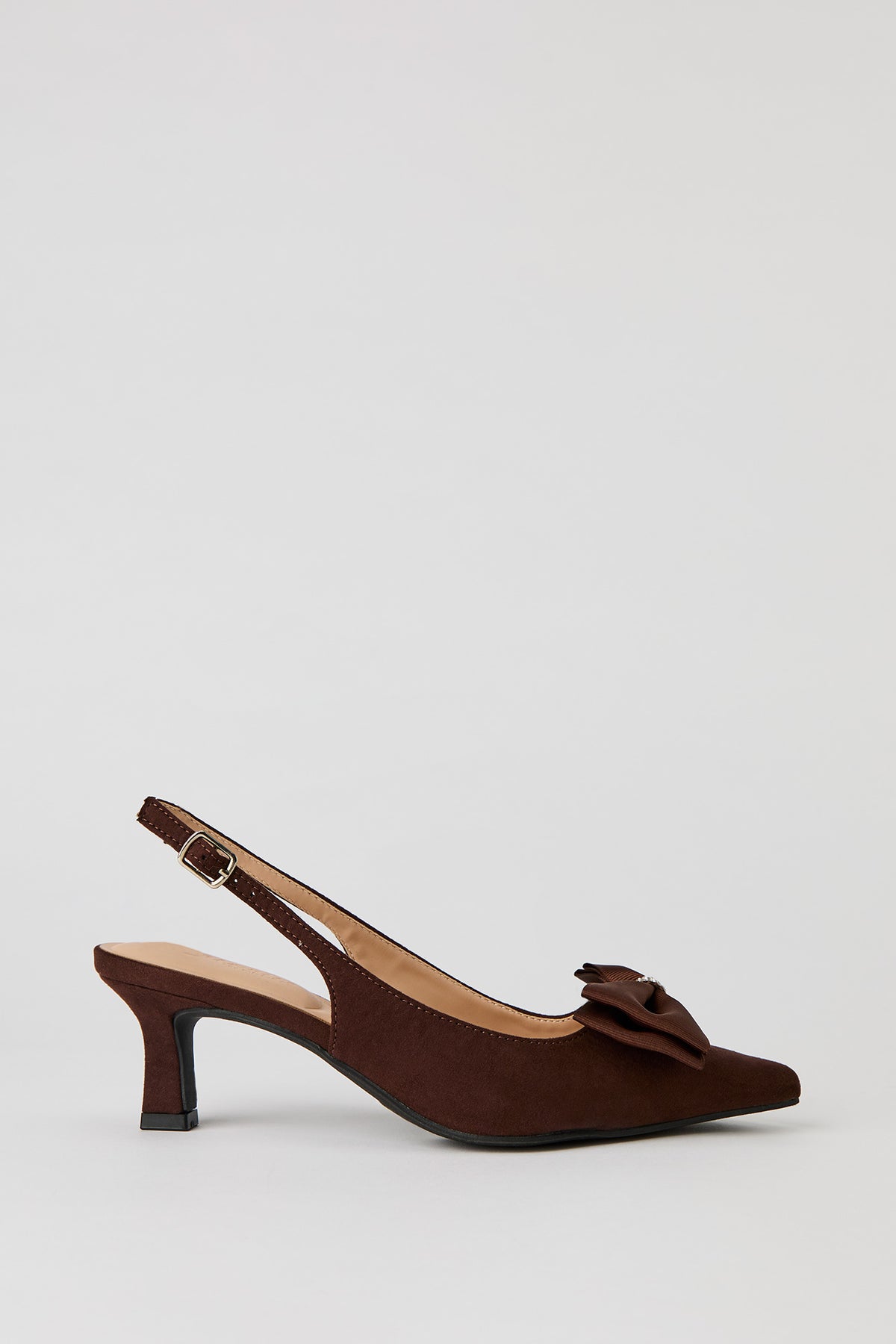 Rhinestone Bow Kitten Heeled Slingback - Brown