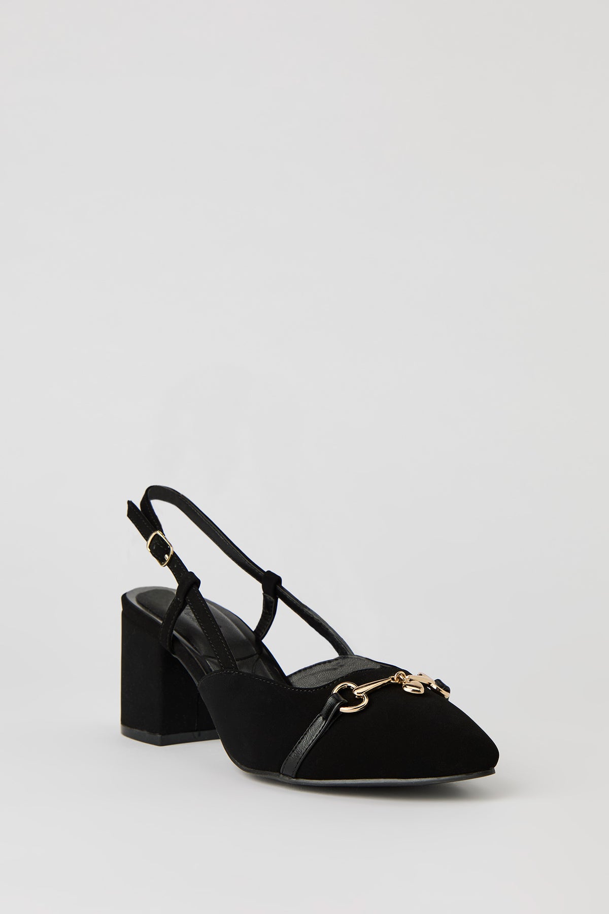 Alt View 2. Metal Buckle Pointed Toe Block Heeled Slingback - Black