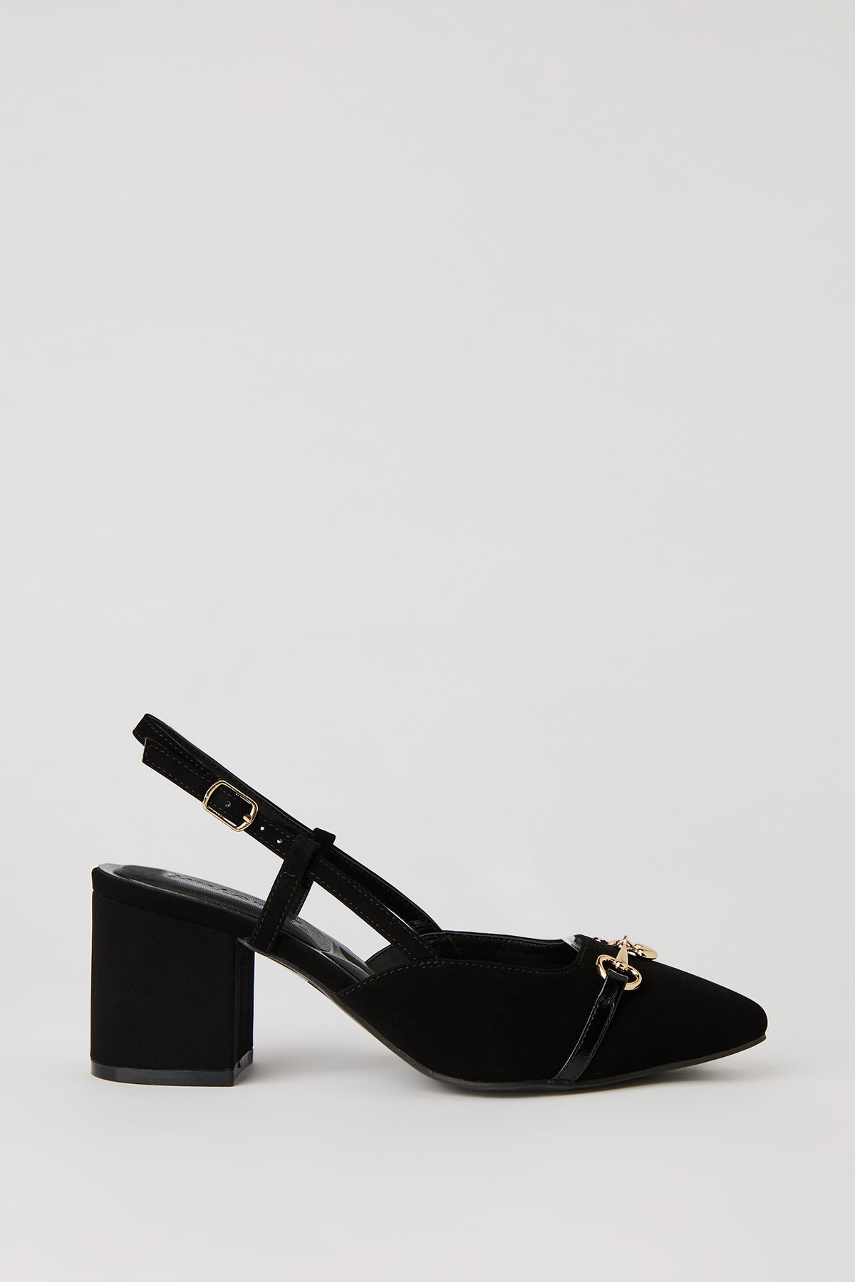 Metal Buckle Pointed Toe Block Heeled Slingback - Black