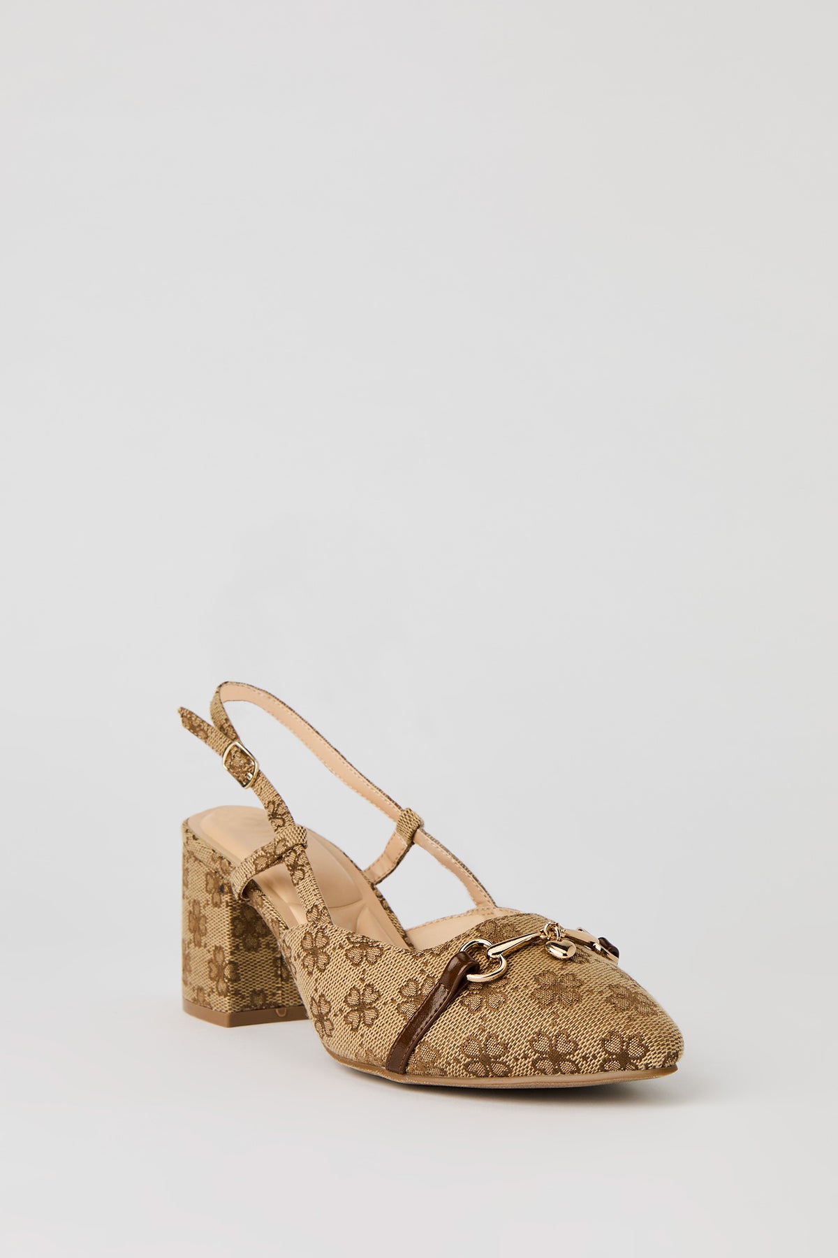 Alt View 2. Metal Buckle Pointed Toe Block Heeled Slingback - Brown