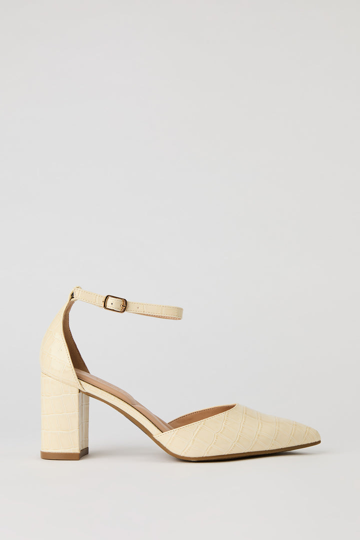 Faux Crocodile Pointed Toe Block Heeled Sandal