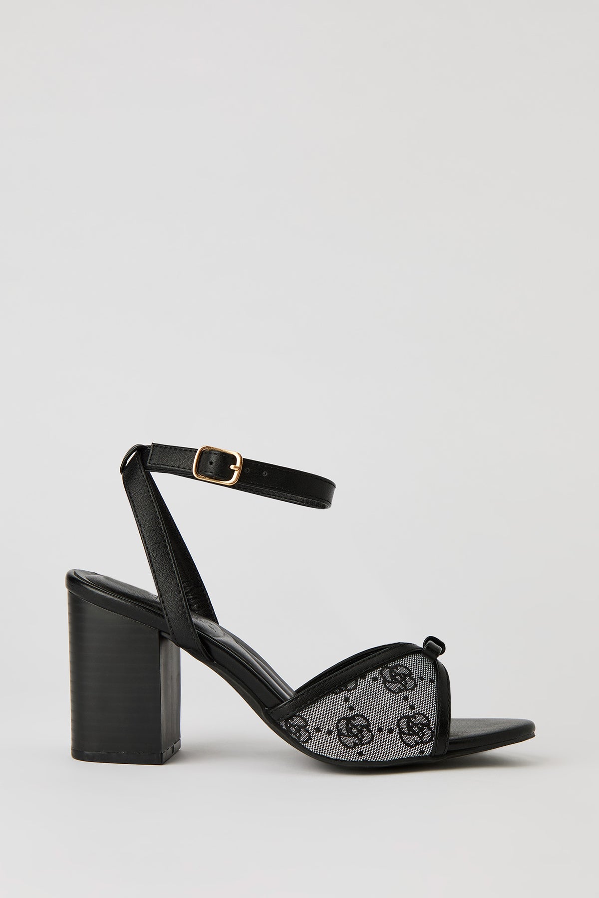 Bow Ankle Band Block Heeled Sandal - Black