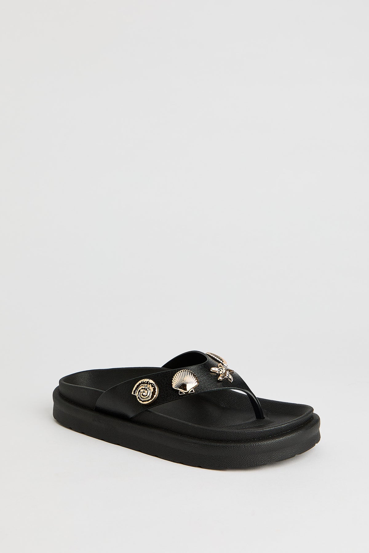 Alt View 2. Faux Leather Shell Charm Sandal - Black