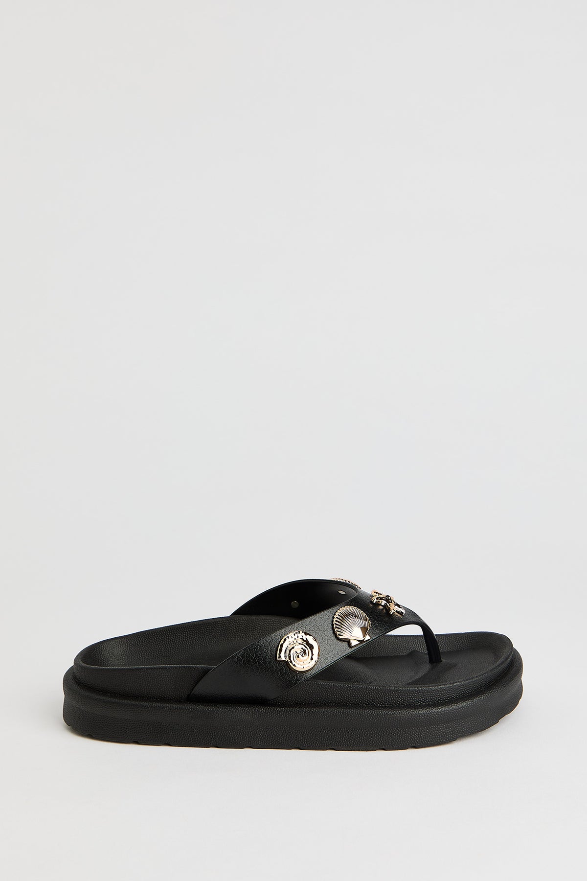 Faux Leather Shell Charm Sandal - Black
