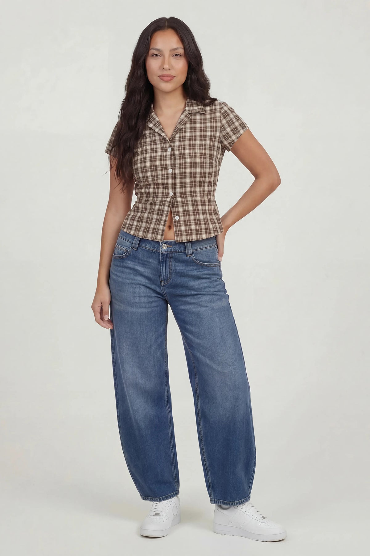 Alt View 3. Tie Back Button-Up Short Sleeve Top - Brown