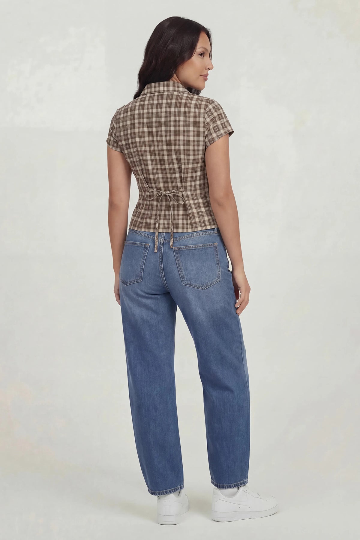 Alt View 4. Tie Back Button-Up Short Sleeve Top - Brown