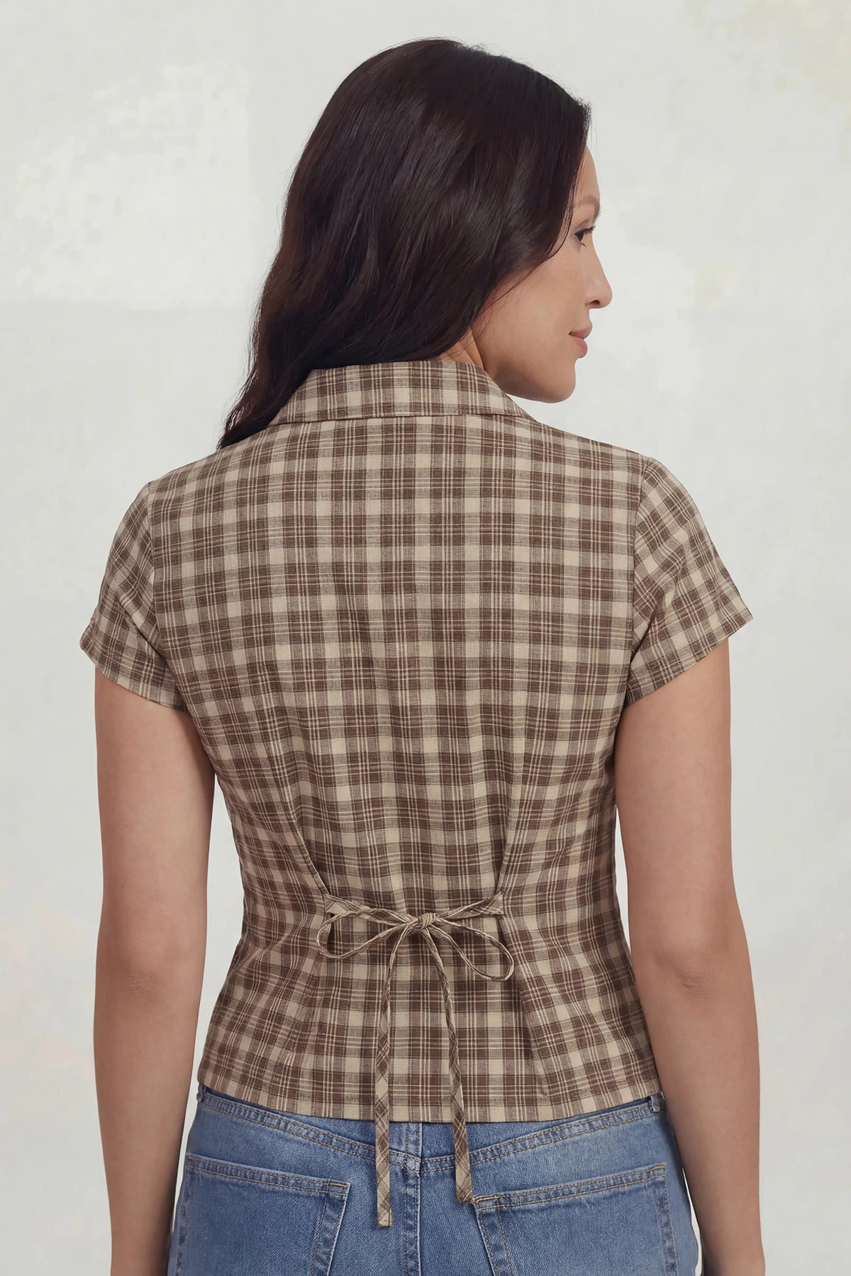 Alt View 2. Tie Back Button-Up Short Sleeve Top - Brown