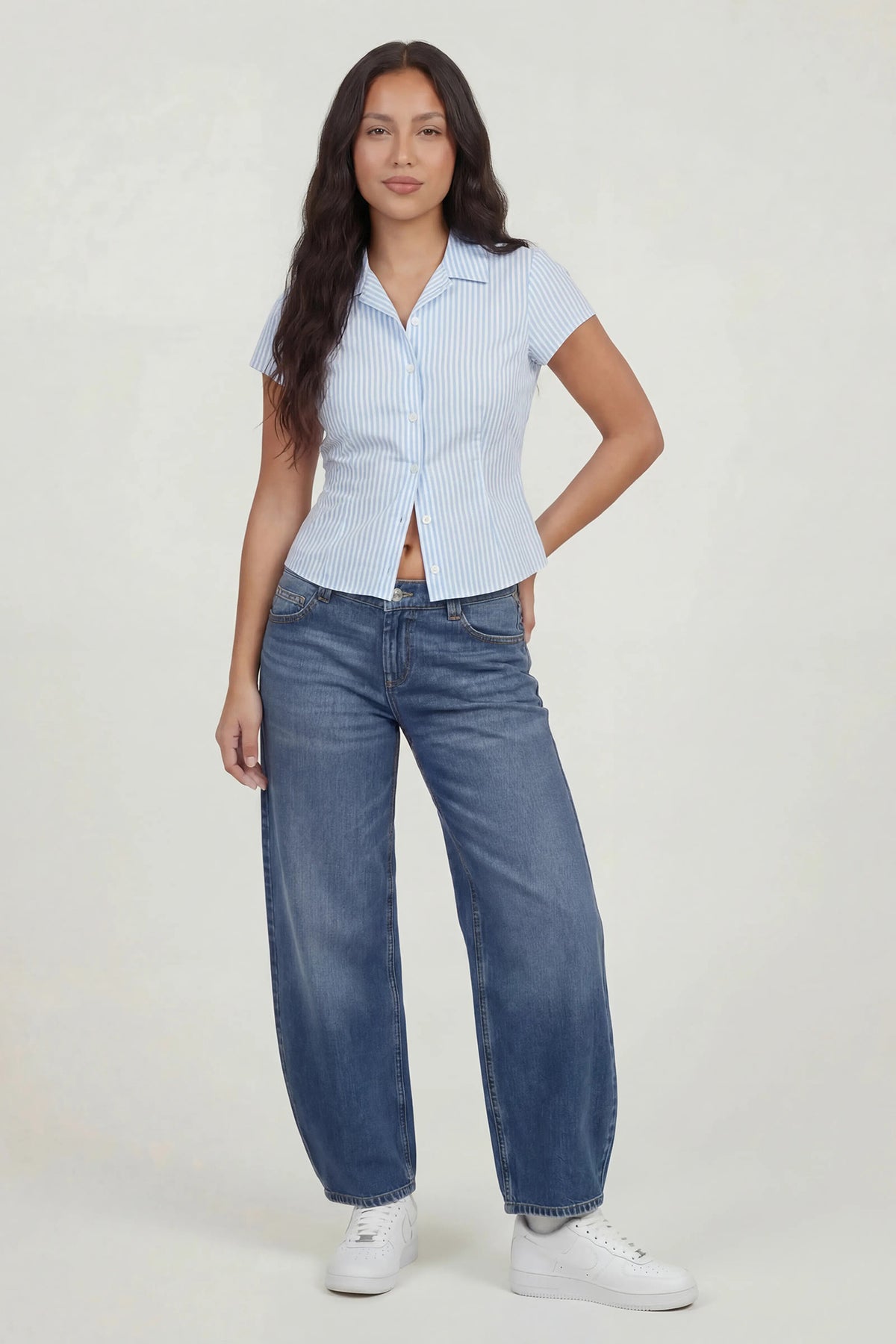 Alt View 3. Tie Back Button-Up Short Sleeve Top - Baby Blue